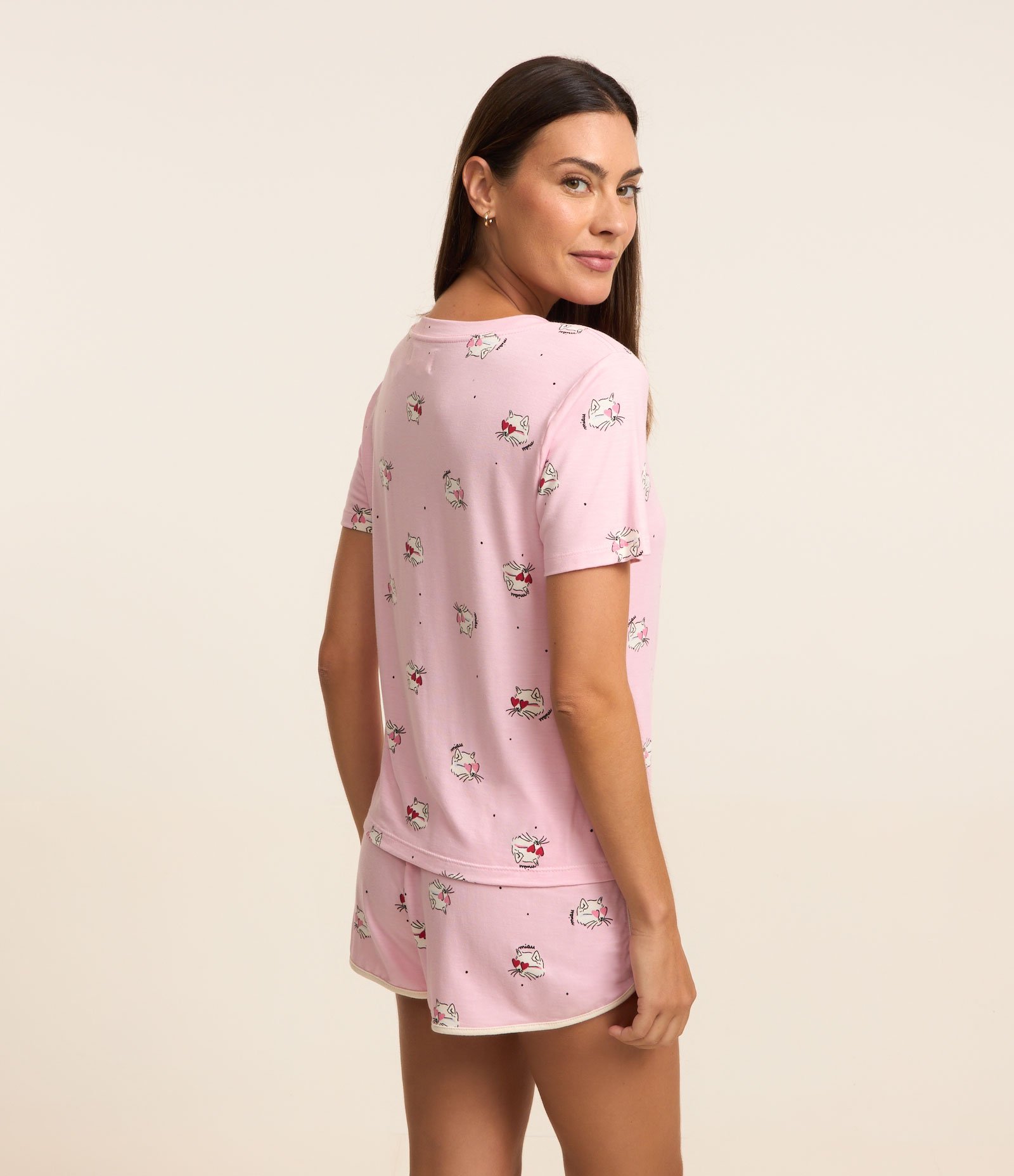 Blusa de Pijama Manga Curta em Viscose com Estampa de Gato Rosa 2