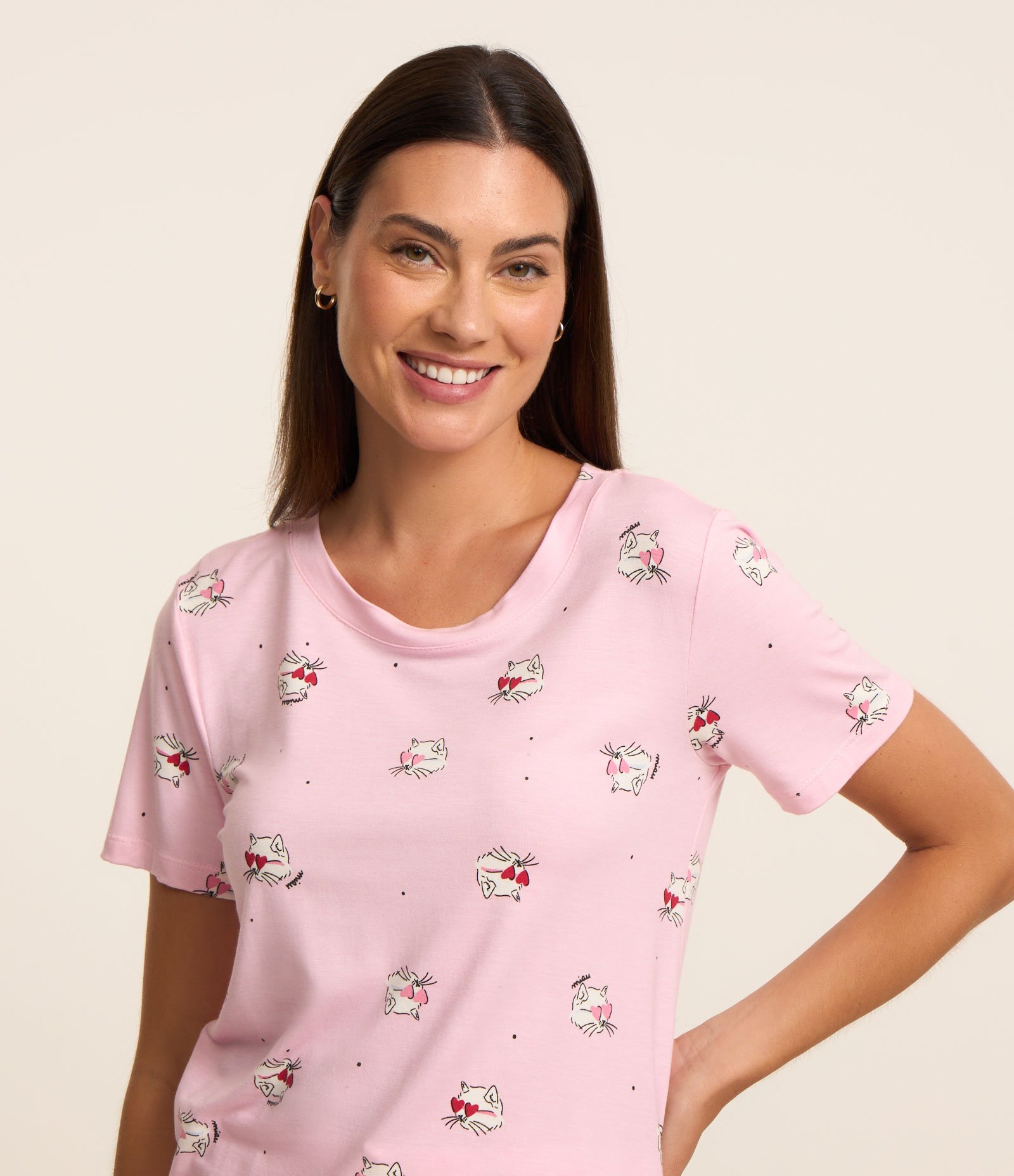 Blusa de Pijama Manga Curta em Viscose com Estampa de Gato Rosa 3