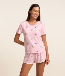 Blusa de Pijama Manga Curta em Viscose com Estampa de Gato