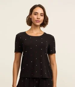 Blusa de Pijama Manga Curta em Viscose com Estampa de Poá