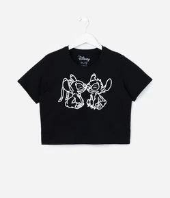 Camiseta Cropped com Bordado do Stitch e Angel - Tam 5 a 14 Anos