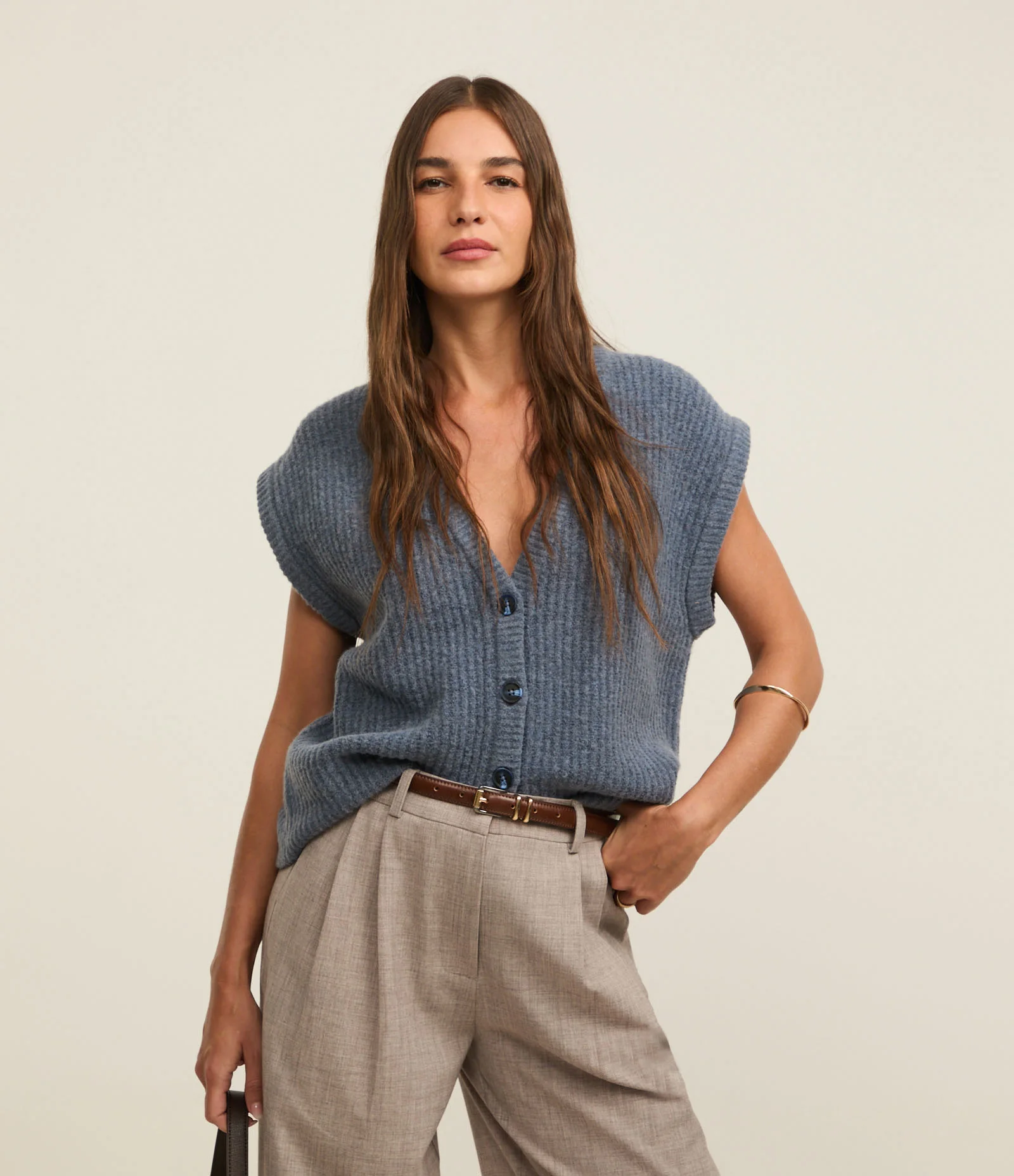 Colete em Tricô de Caimento Leve com Botões Azul 1