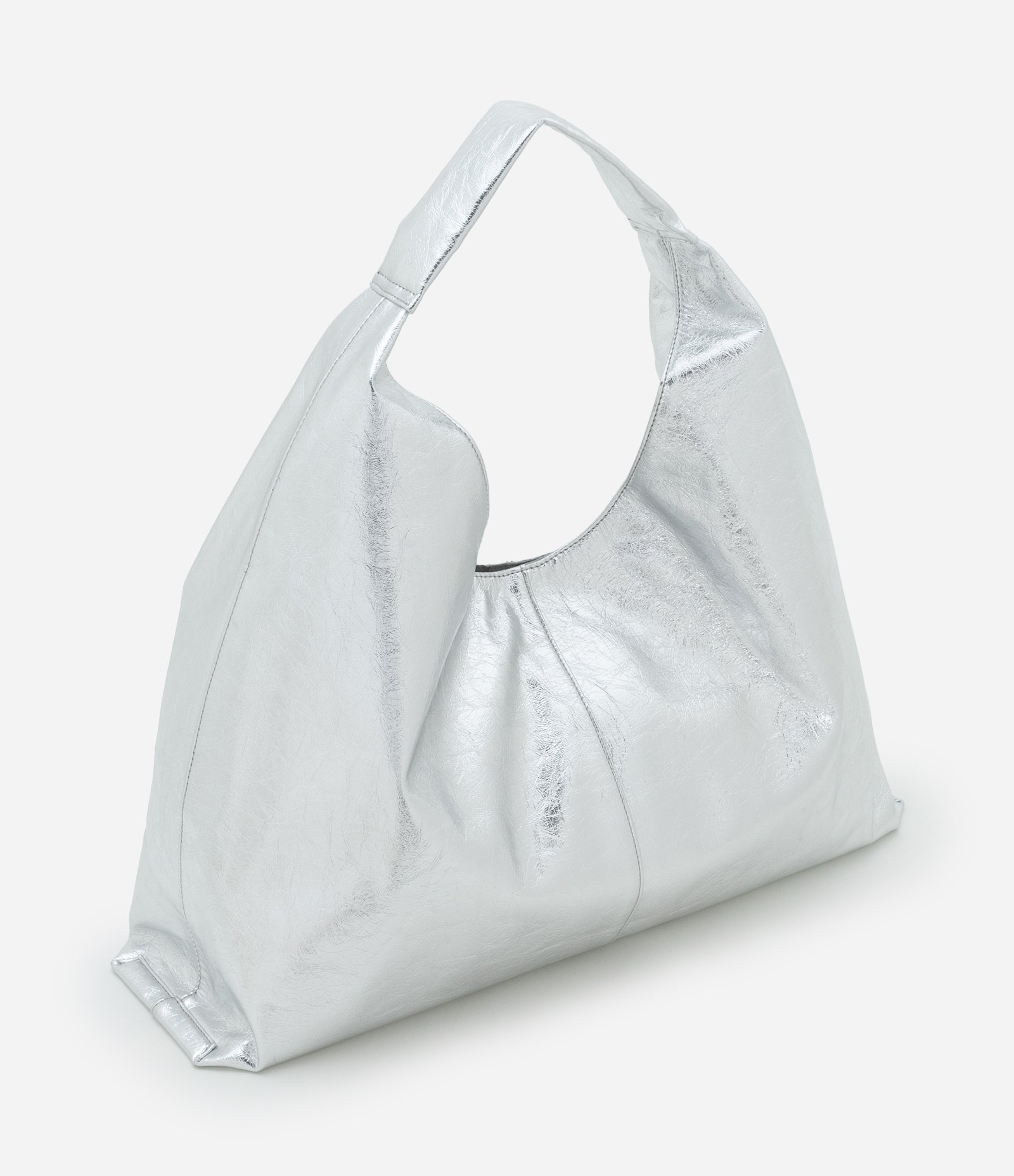 Bolsa Hobo Grande Texturizada com Detalhe de Costura Central Prata 4
