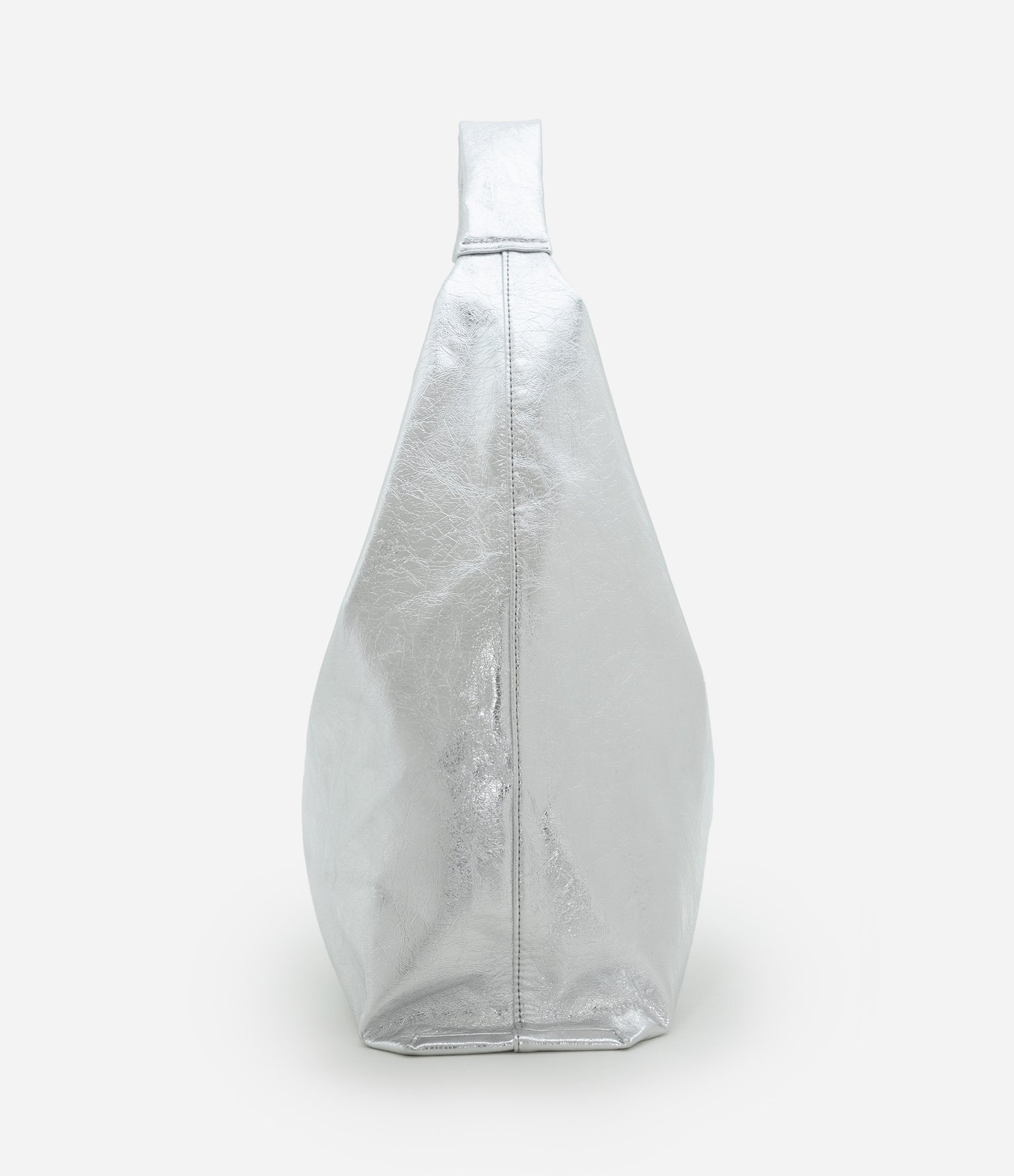 Bolsa Hobo Grande Texturizada com Detalhe de Costura Central Prata 5