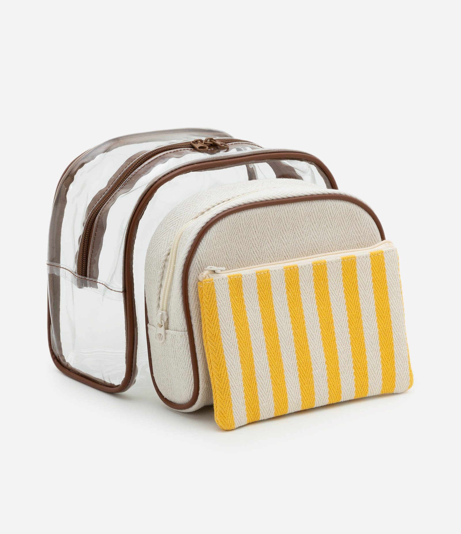 Kit 03 Nécessaire Grande em PU Estampa Listras Envelope Off White/Amarelo 5