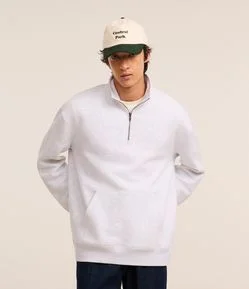 Blusão em Moletom com Gola Alta com Zíper e Bolso Canguru