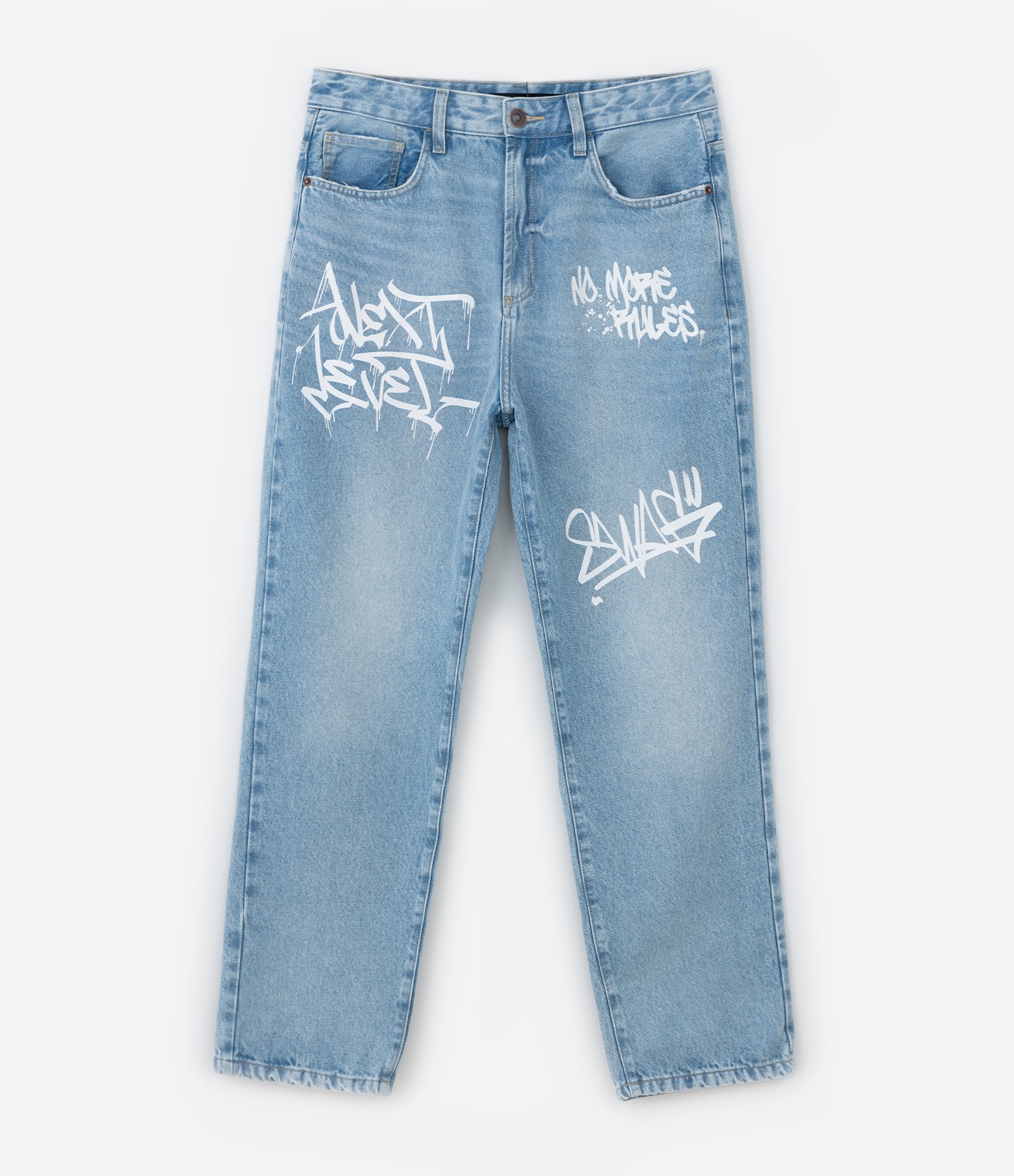 Calça Baggy em Jeans com Puídos e Estampa Lettering Grafite Azul 6