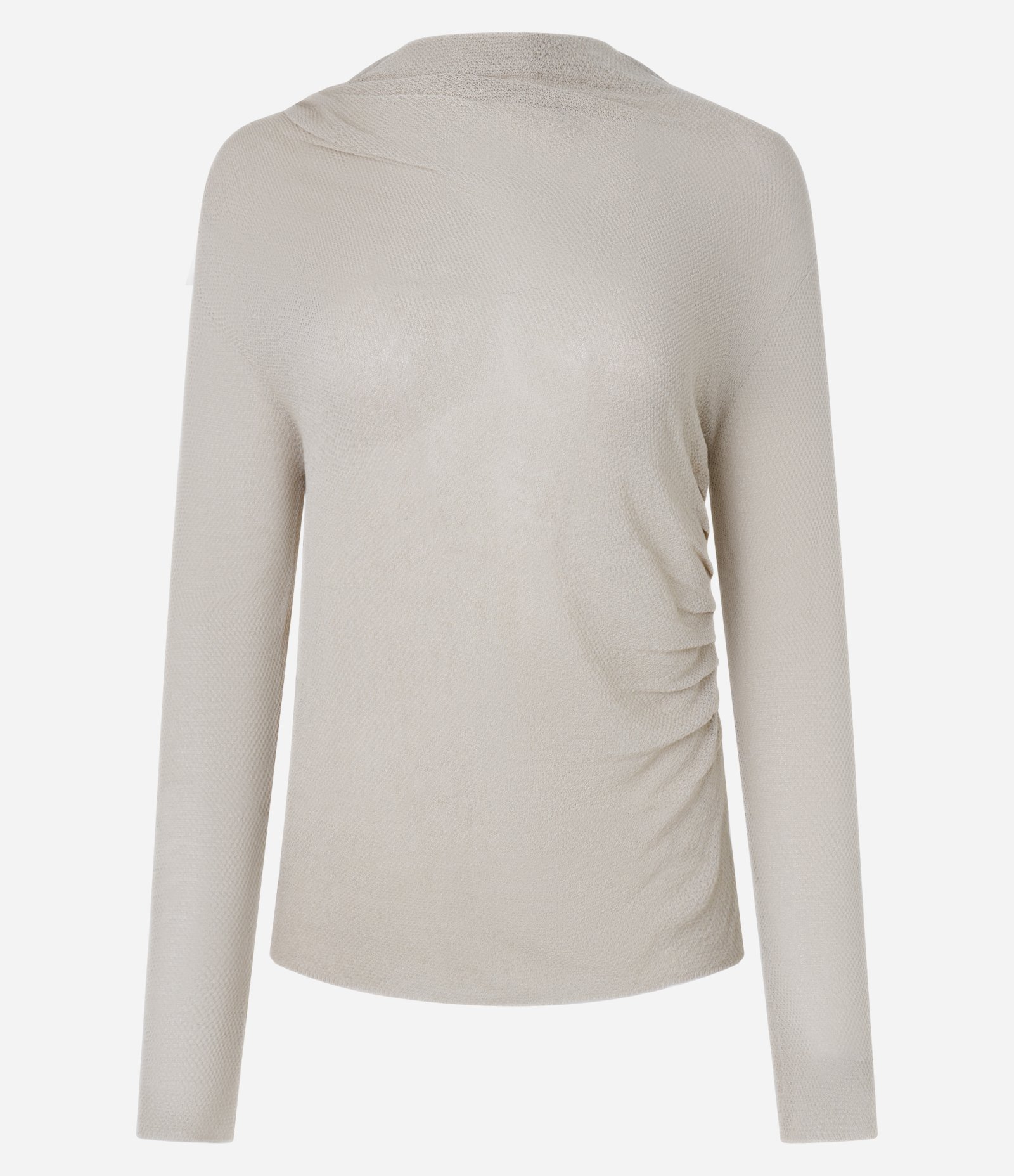 Blusa em Tricô Leve com Gola Degagê e Franzido Lateral Bege Acinzentado 7
