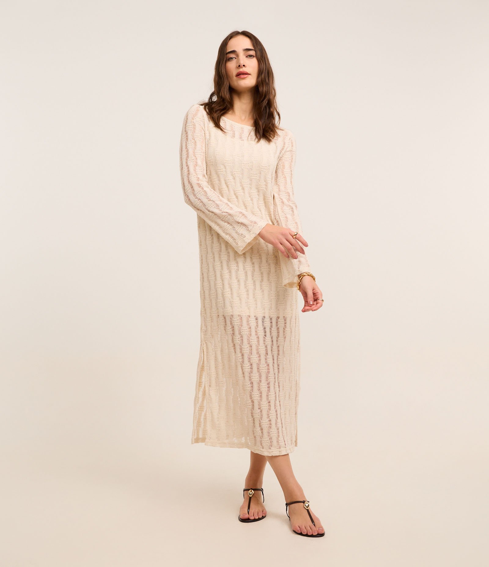 Vestido Long Midi em Tricô com Texturas Off White 2