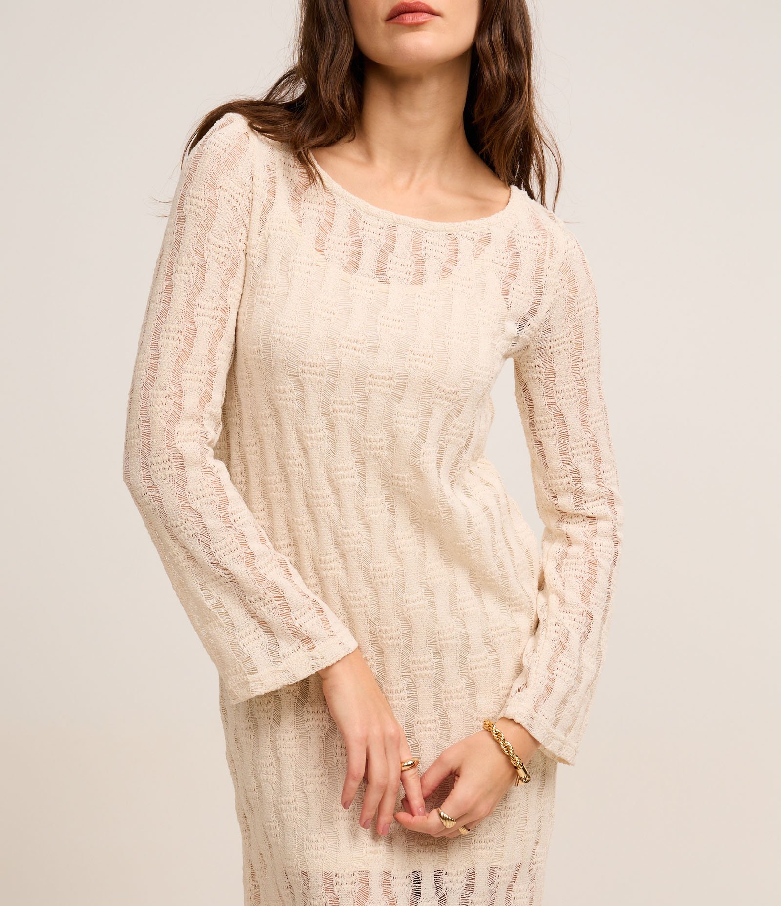 Vestido Long Midi em Tricô com Texturas Off White 4