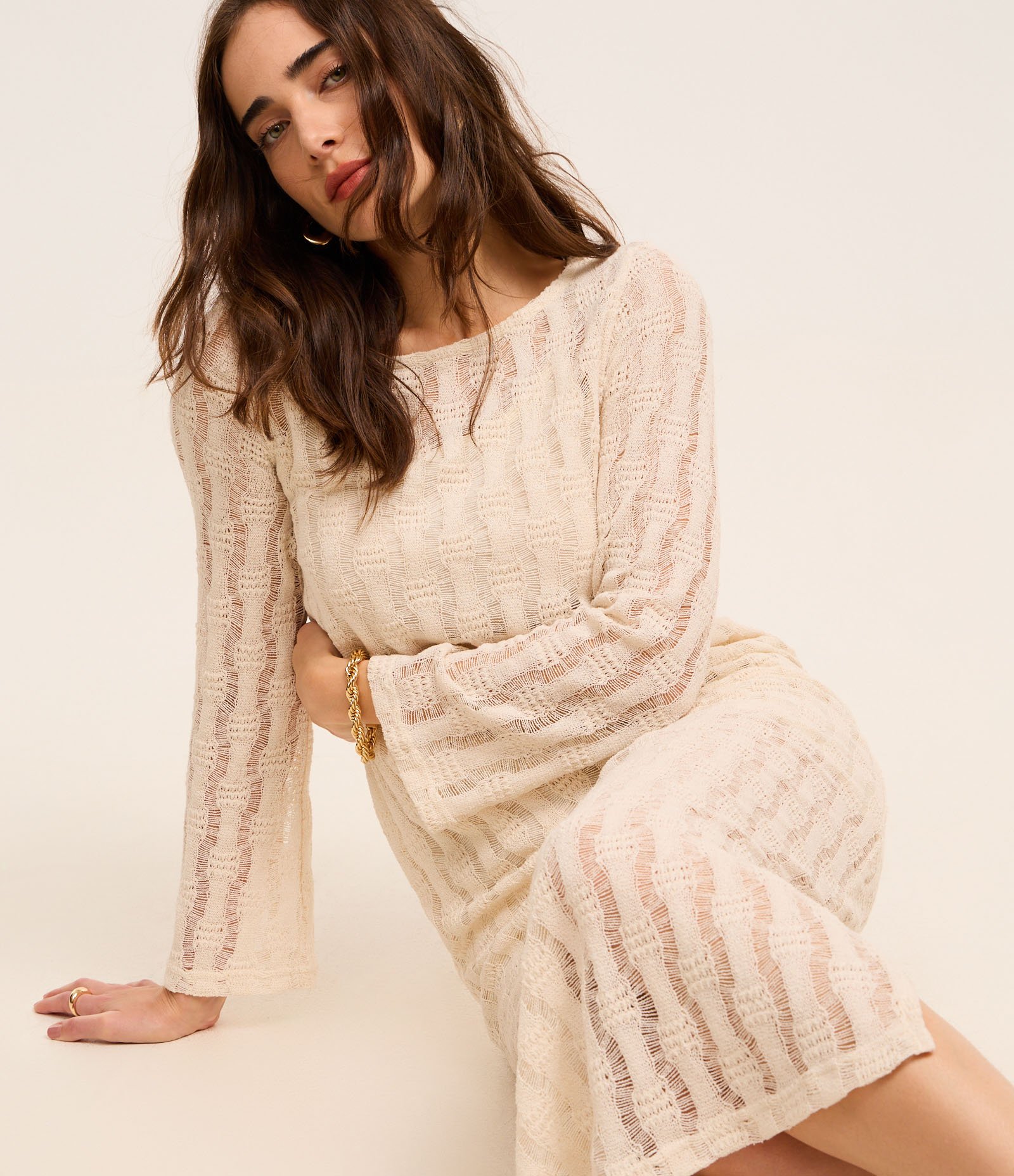 Vestido Long Midi em Tricô com Texturas Off White 6