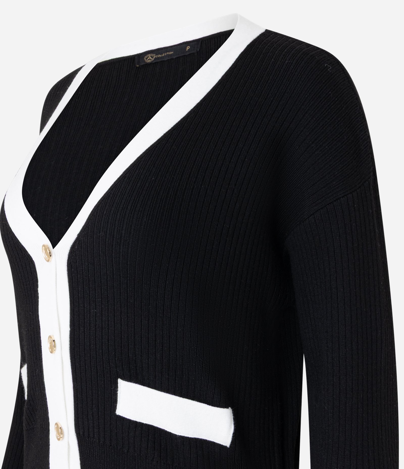 Caridgan em Tricô com Botões de Metal e Bolso Fake Contrastantes Preto 8