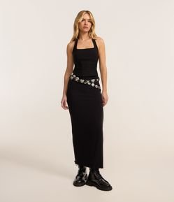 Saia Midi em Ribana com Fenda e Barra Picot