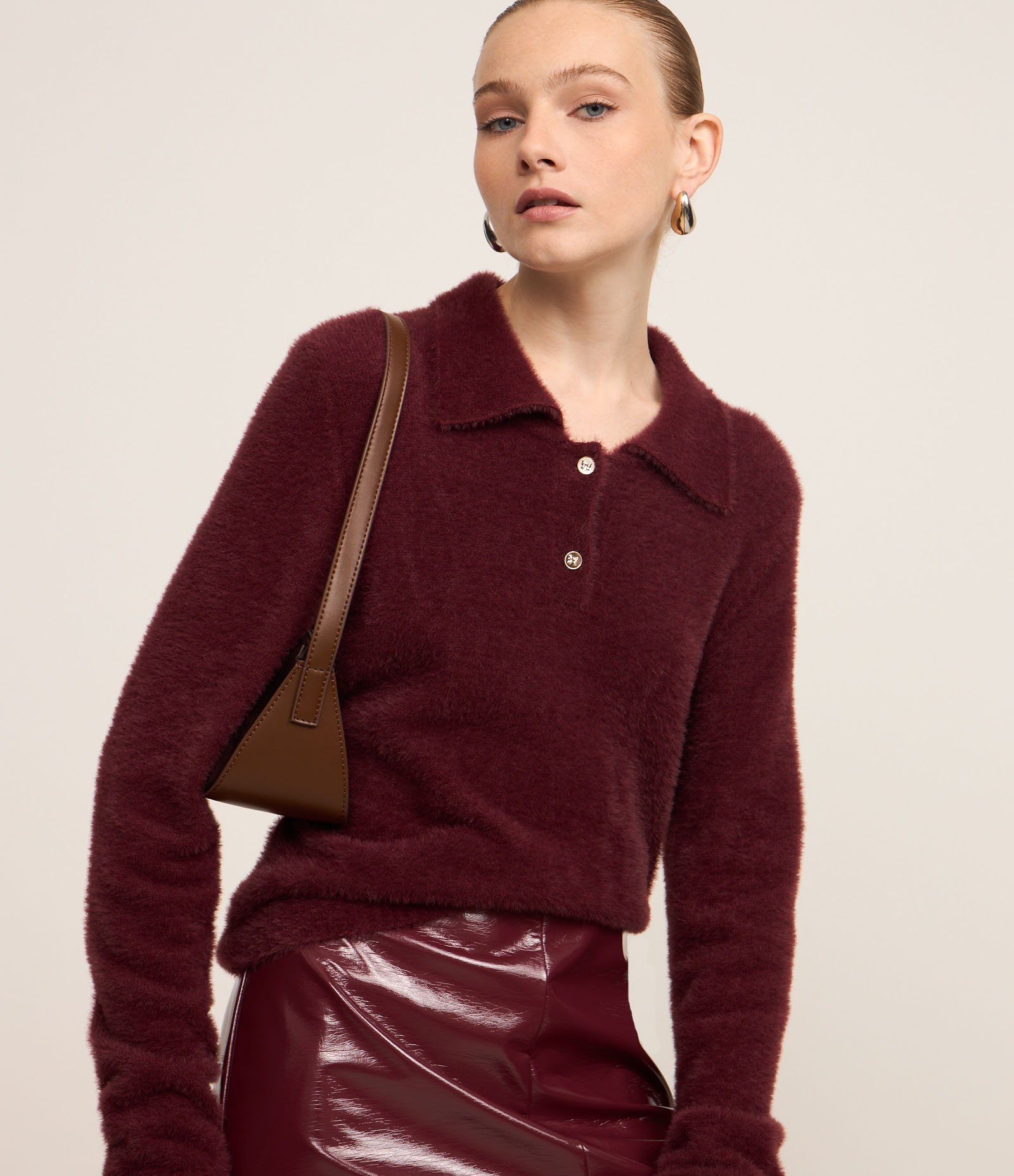 Casaco Peluciado em Tricô com Gola Polo Vermelho 1