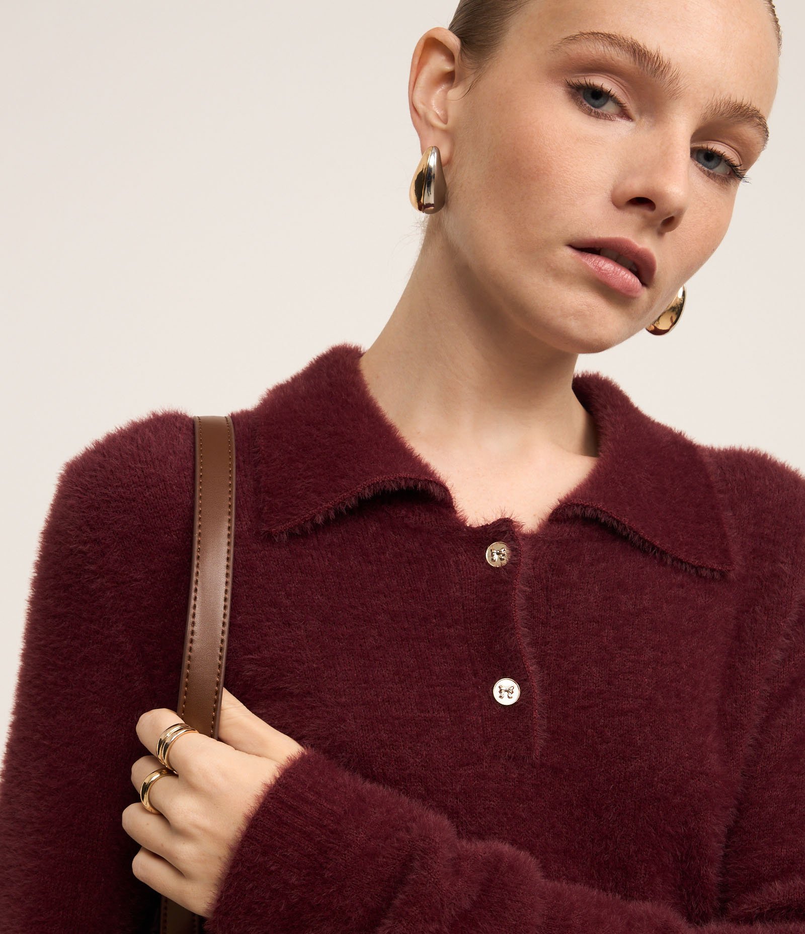 Casaco Peluciado em Tricô com Gola Polo Vermelho 3