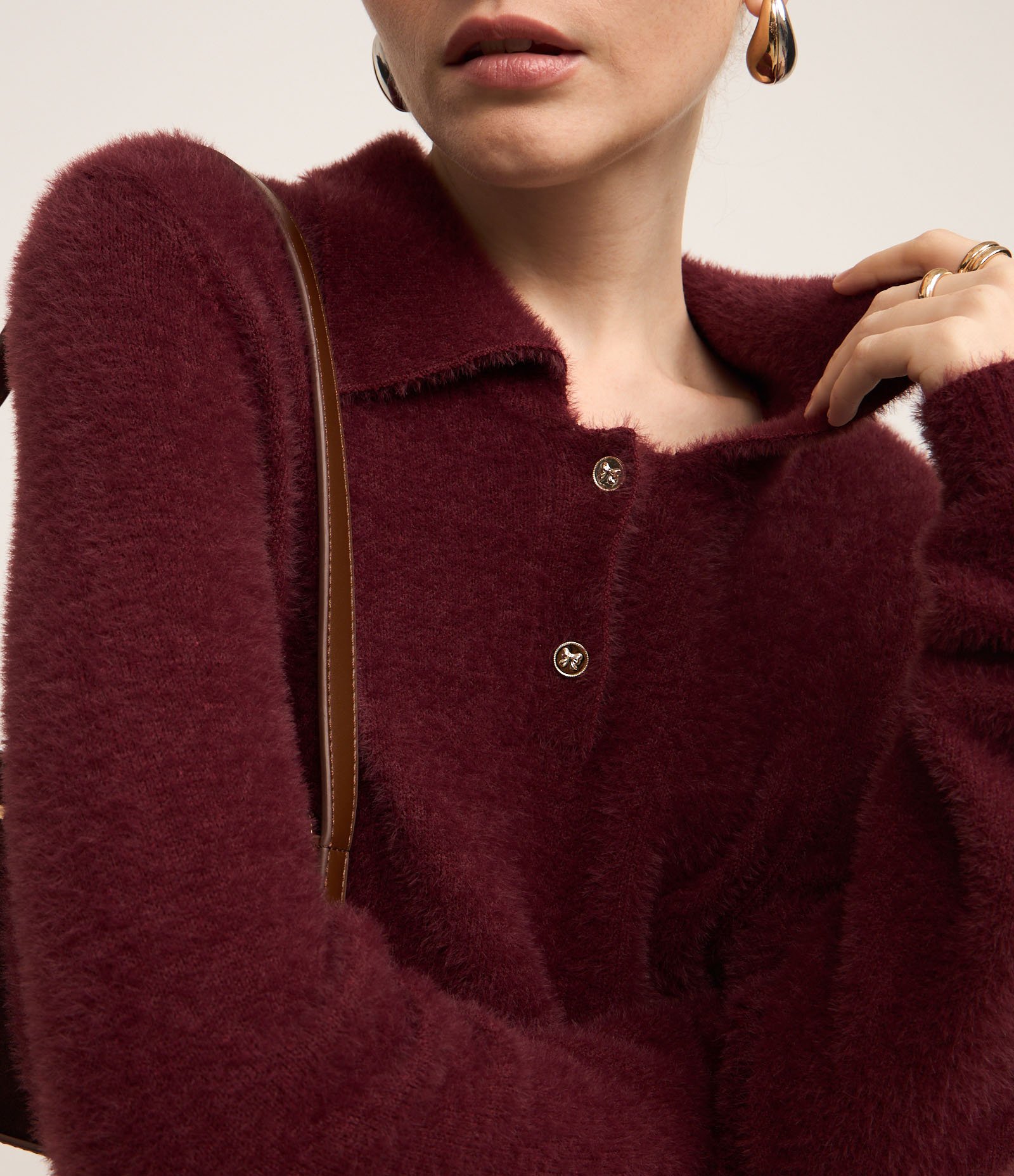 Casaco Peluciado em Tricô com Gola Polo Vermelho 4