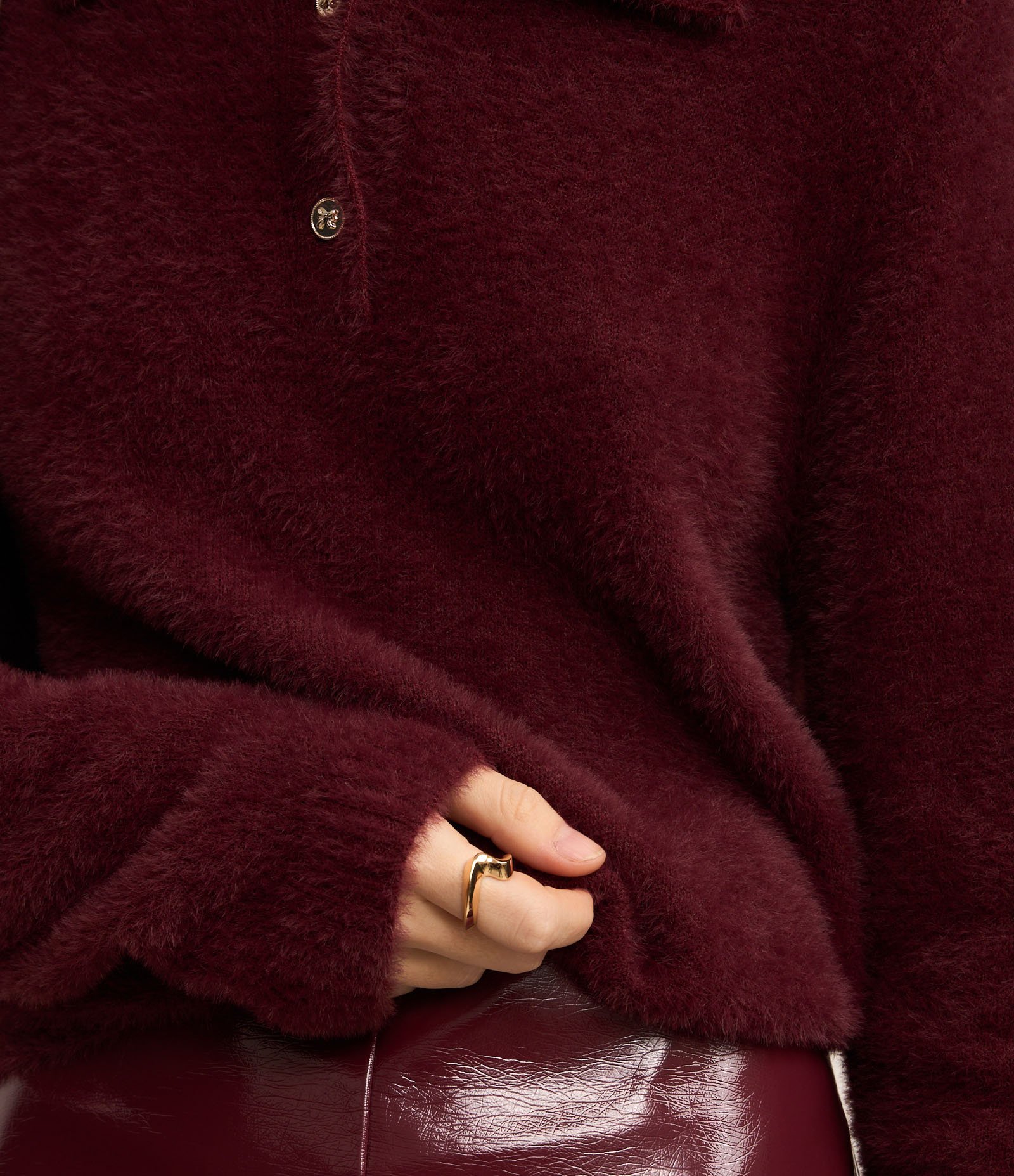 Casaco Peluciado em Tricô com Gola Polo Vermelho 5