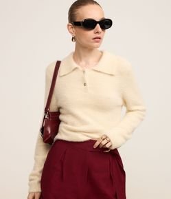 Casaco Peluciado em Tricô com Gola Polo