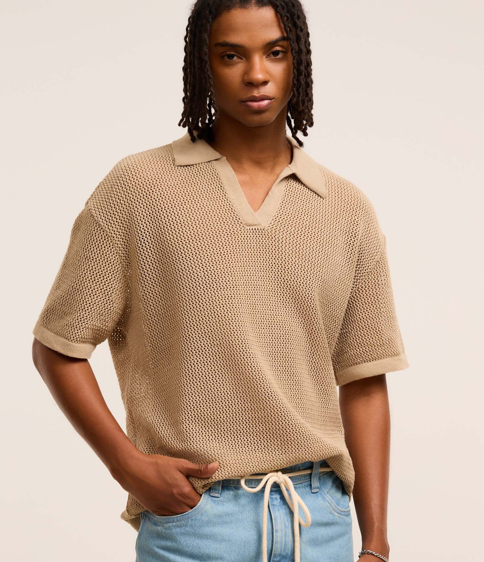 Camisa Polo Comfort em Tricô com Ponto Aberto Bege 1