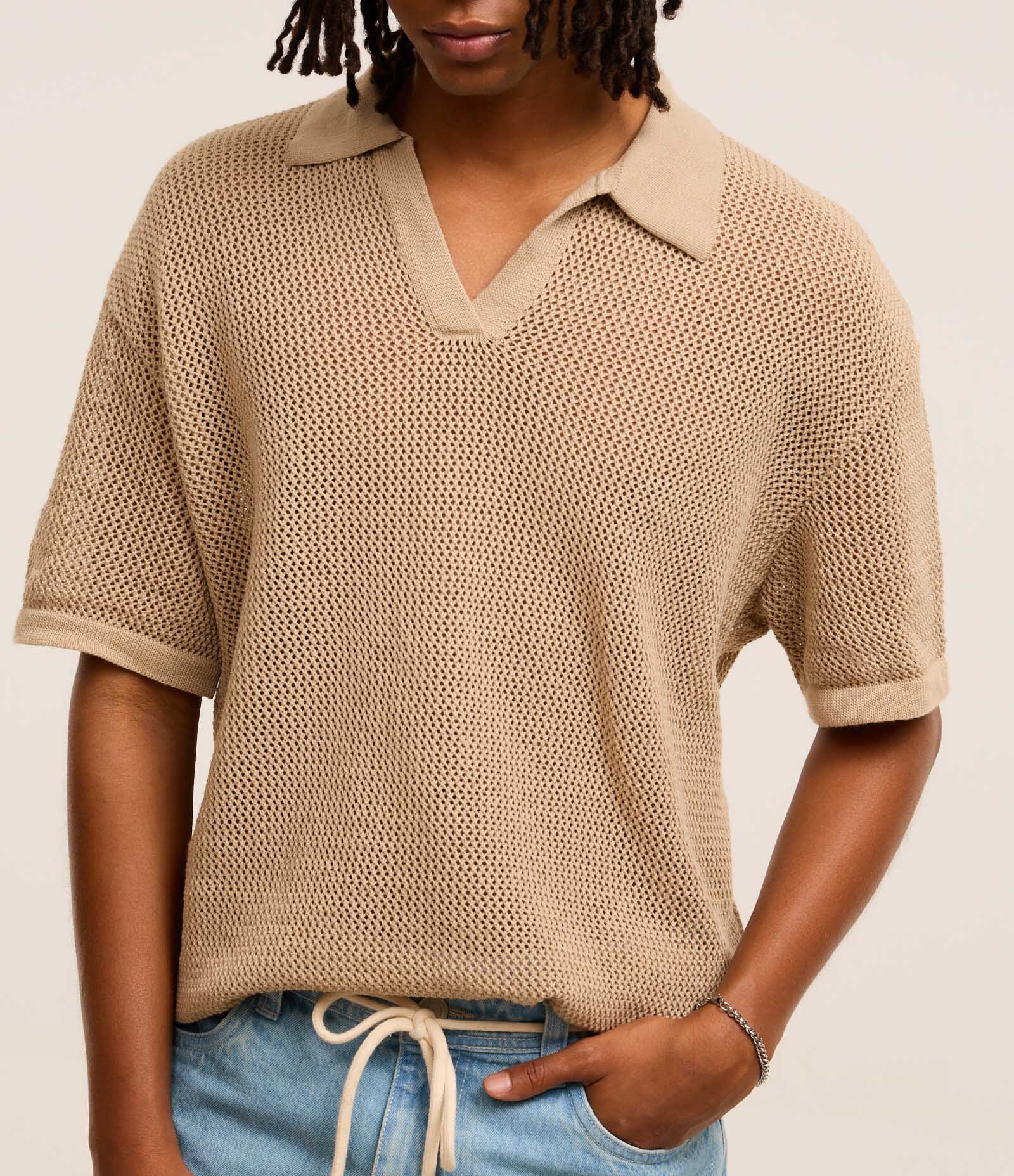 Camisa Polo Comfort em Tricô com Ponto Aberto Bege 3