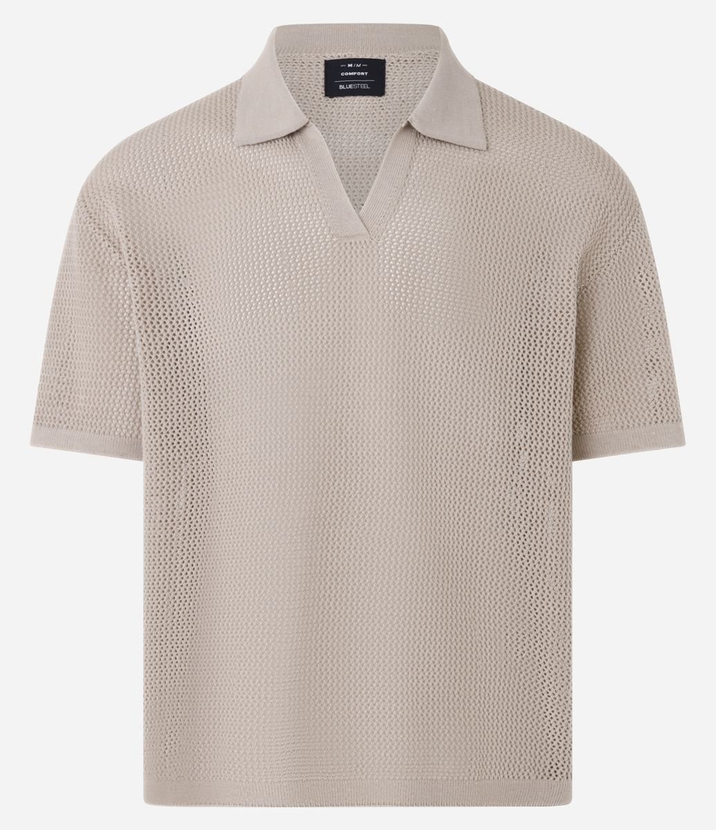 Camisa Polo Comfort em Tricô com Ponto Aberto Bege