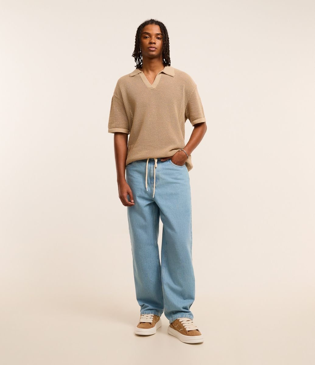 Camisa Polo Comfort em Tricô com Ponto Aberto Bege