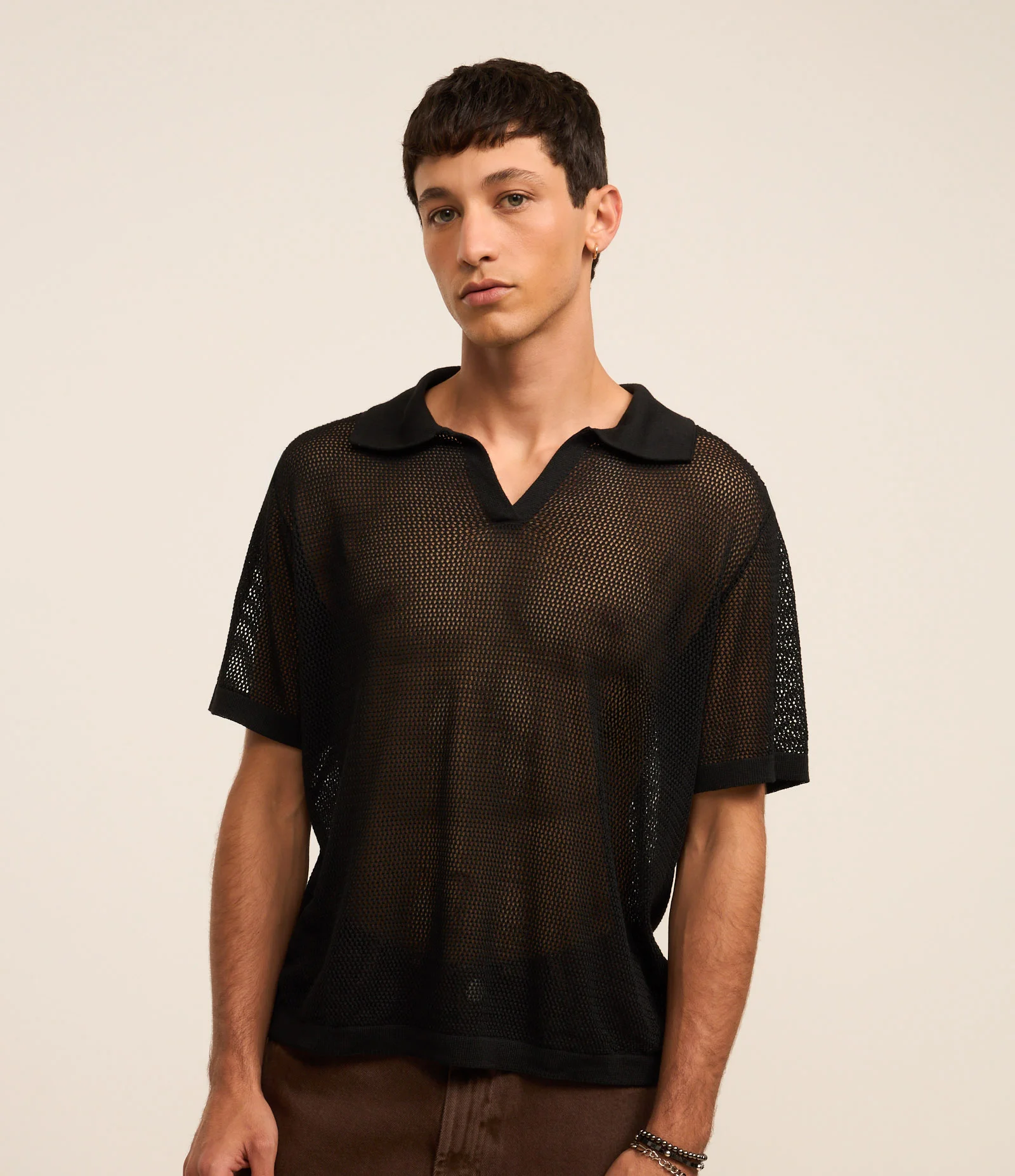 Camisa Polo Comfort em Tricô com Ponto Aberto Preto 1