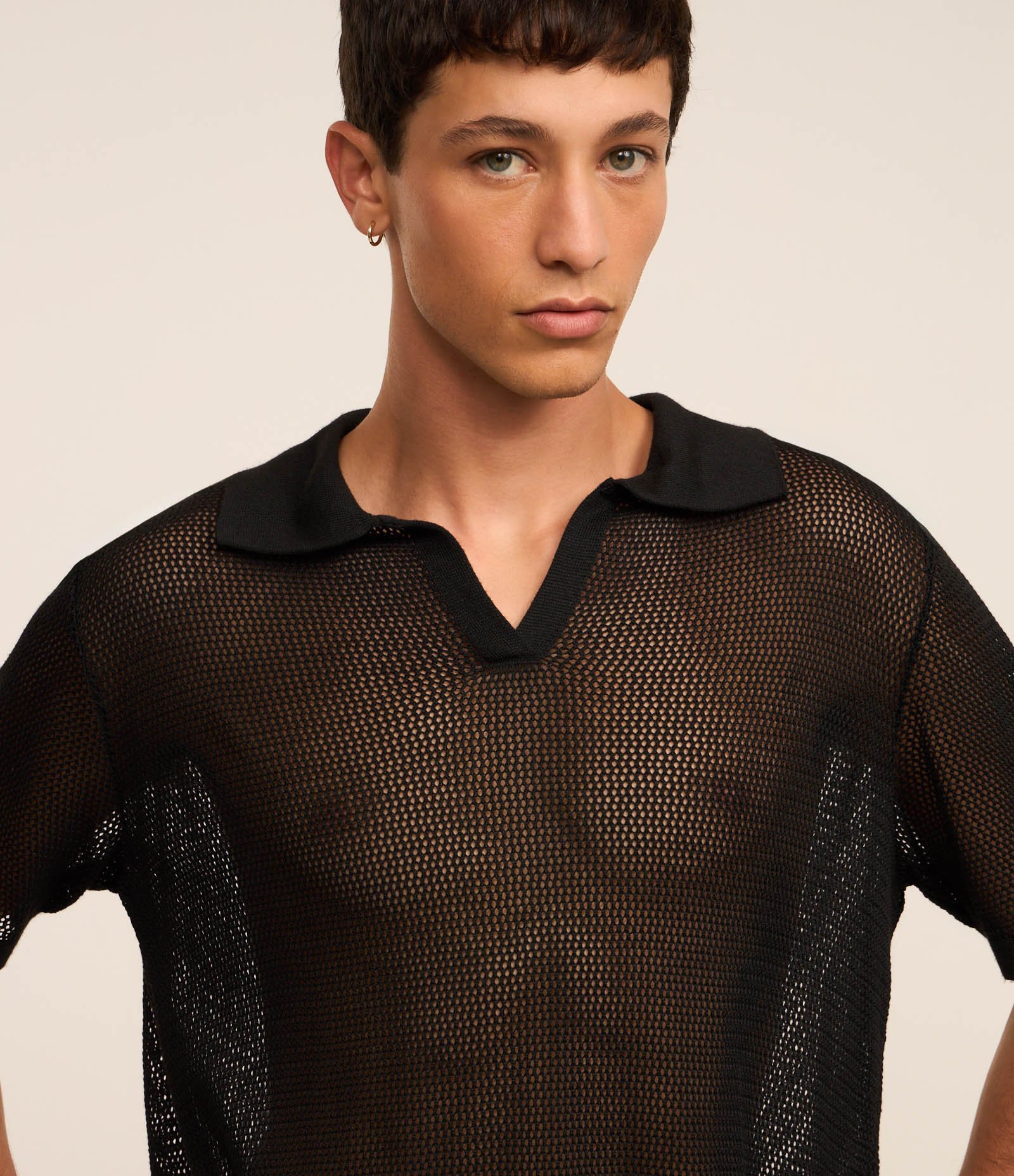 Camisa Polo Comfort em Tricô com Ponto Aberto Preto 4