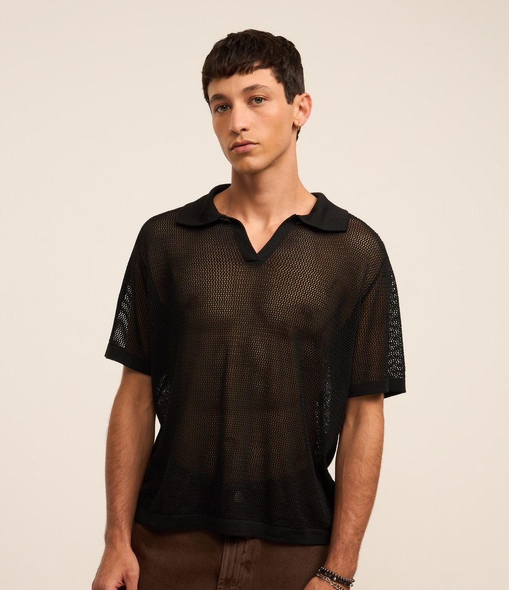 Camisa Polo Comfort em Tricô com Ponto Aberto Preto