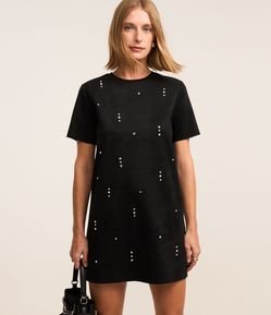 Vestido Reto T-Shirt em Suede com Pedrarias de Strass