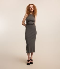 Vestido Midi em Ribana Sem Manga com Aberturas Laterais