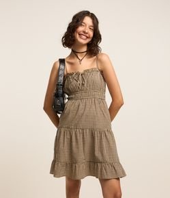 Vestido Curto em Tricoline Xadrez com Lacinho no Busto