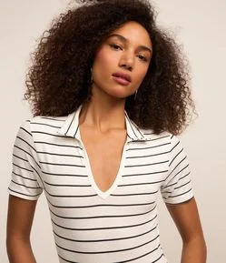 Body em Ribana Listrada com Gola Polo