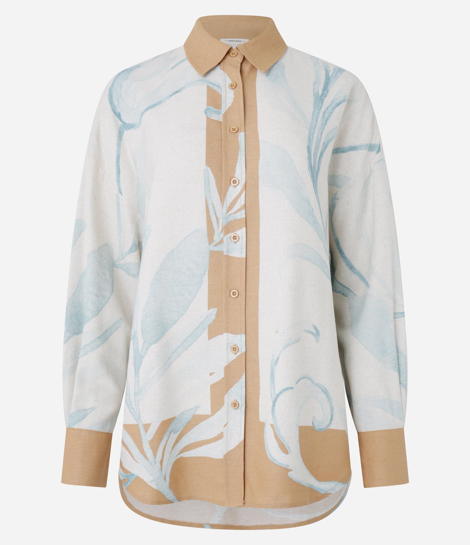 Camisa em Viscose e Linho com Estampa Folhagens Contrastantes Branco/ Azul/ Marrom 6
