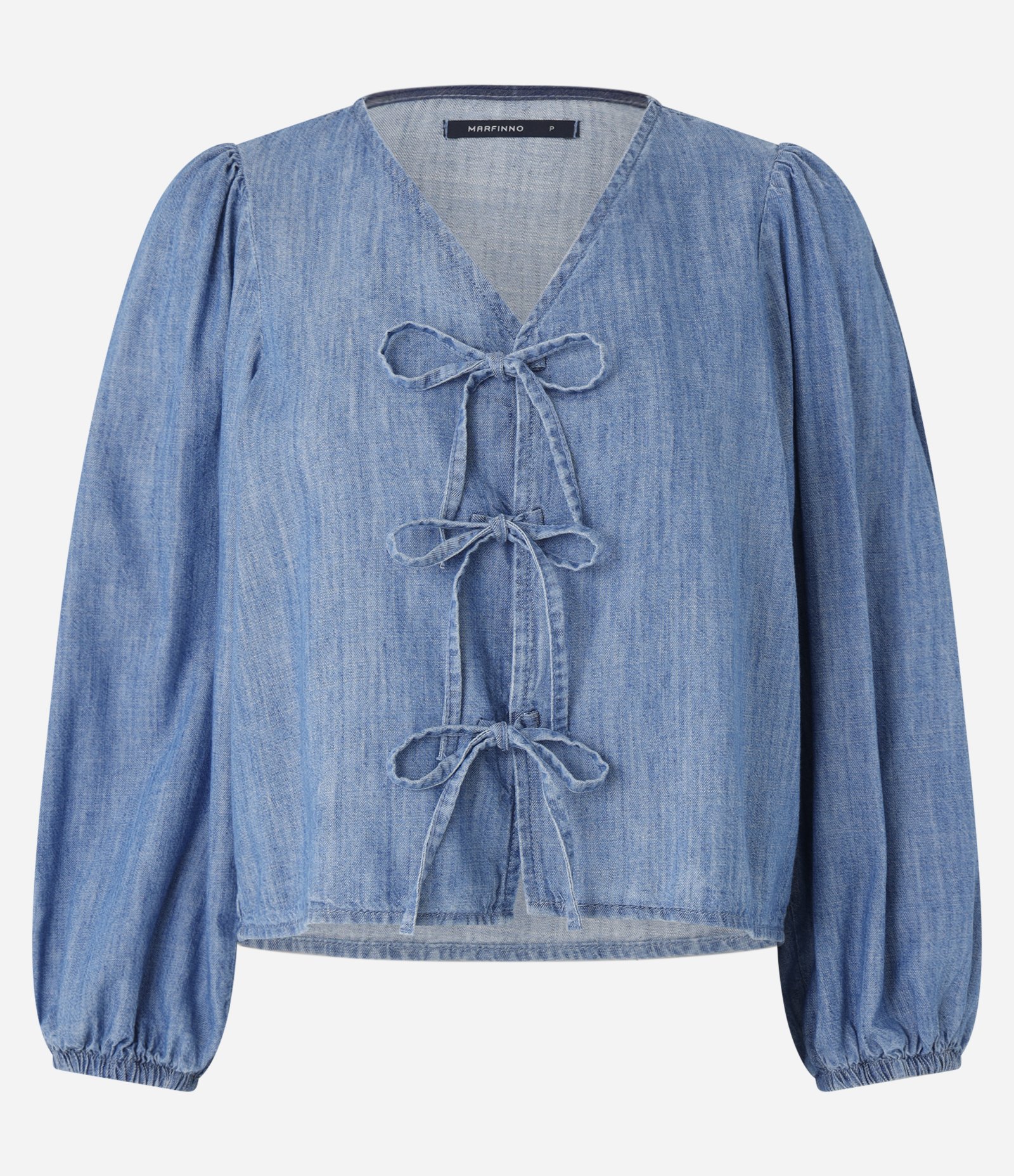 Blusa em Jeans com Laços Frontais e Manga Bufante Azul 6