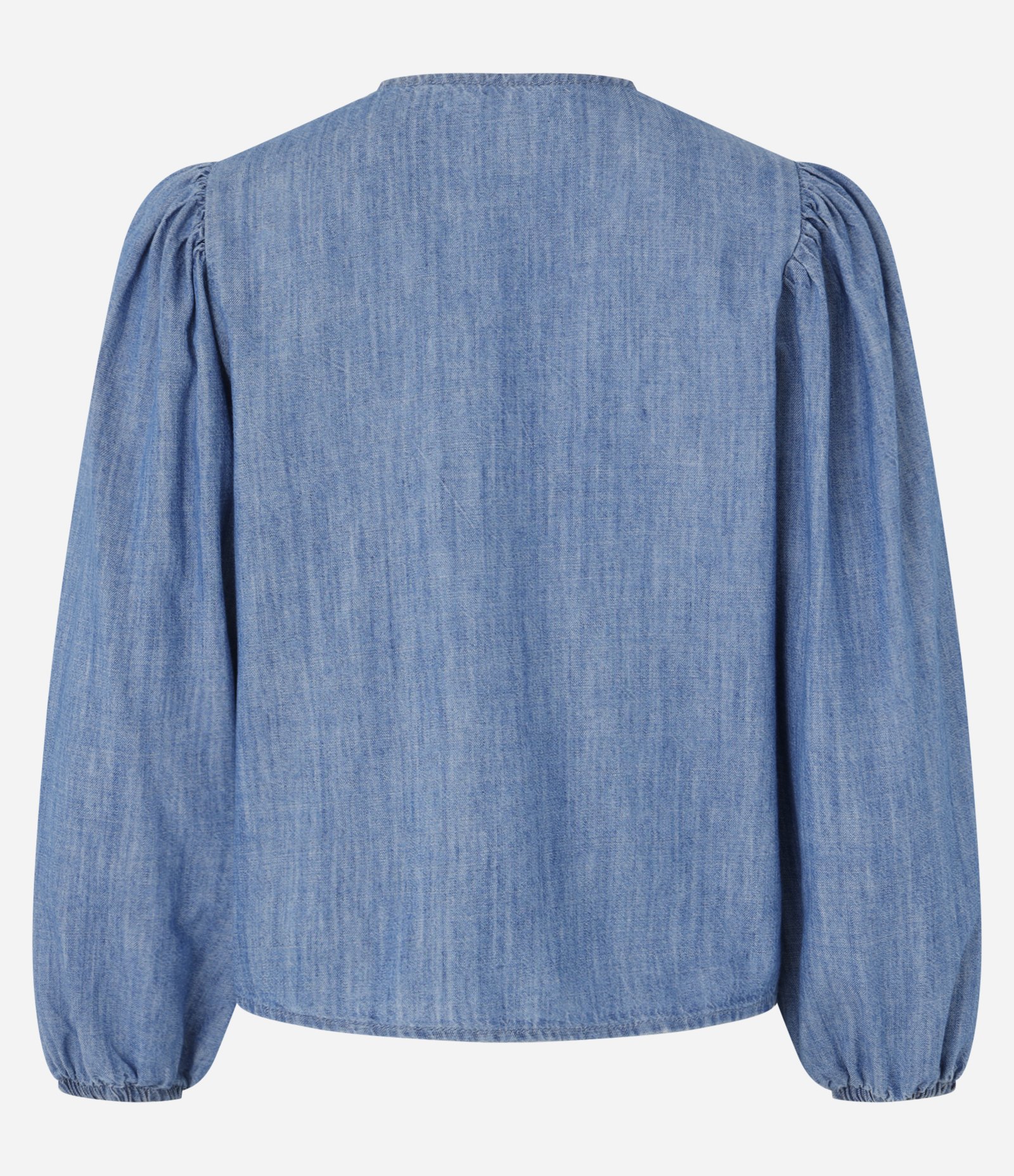 Blusa em Jeans com Laços Frontais e Manga Bufante Azul 7