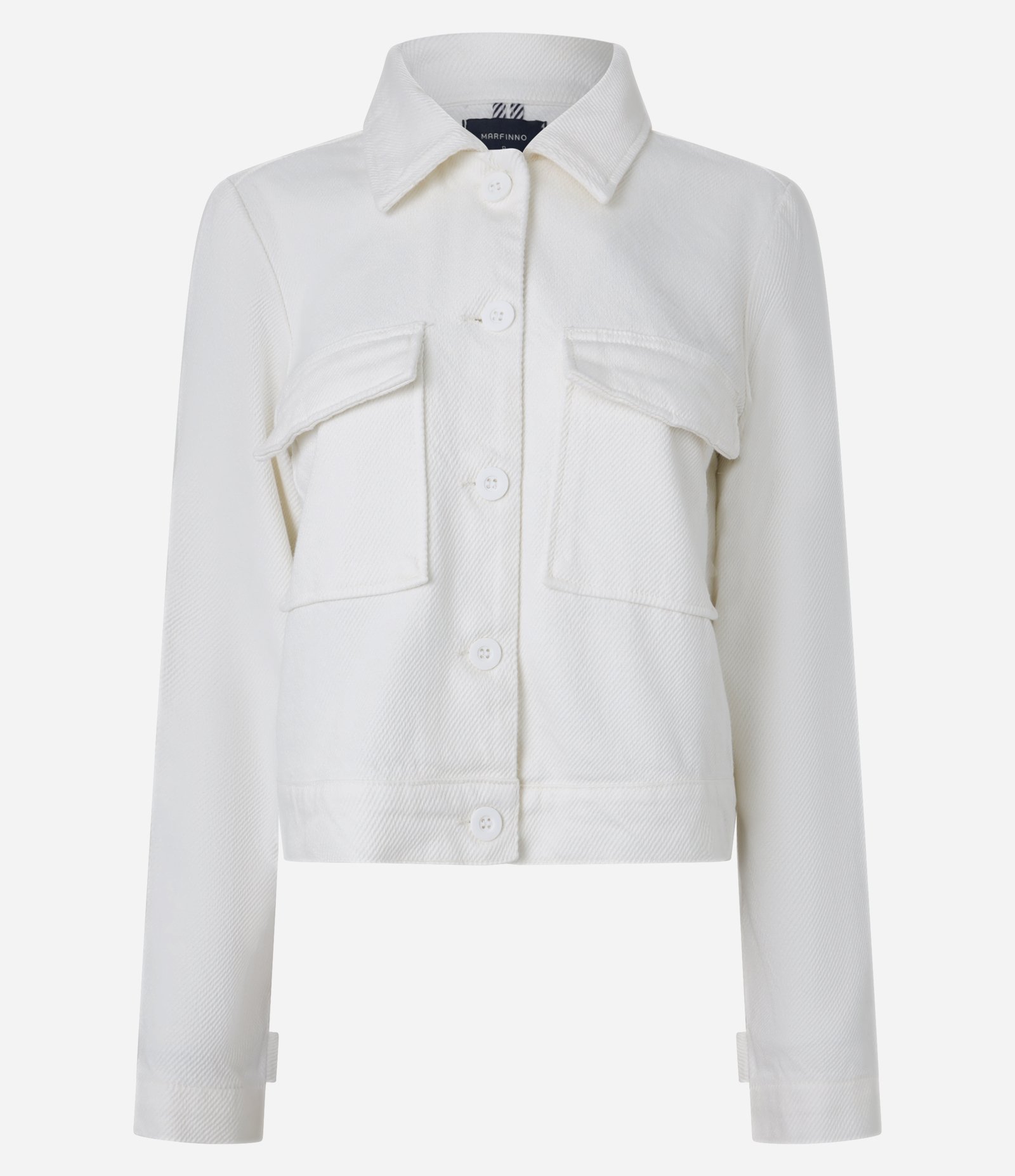 Jaqueta Trucker Curta em Sarja com Bolsos Cargo e Aleta Branco 5