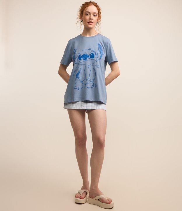 Camiseta Alongada em Algodão com Estampa Stitch