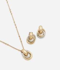 Conjunto de Colar com Corrente de Bolinhas e Brinco Botão com Pingente em Nó Bicolor