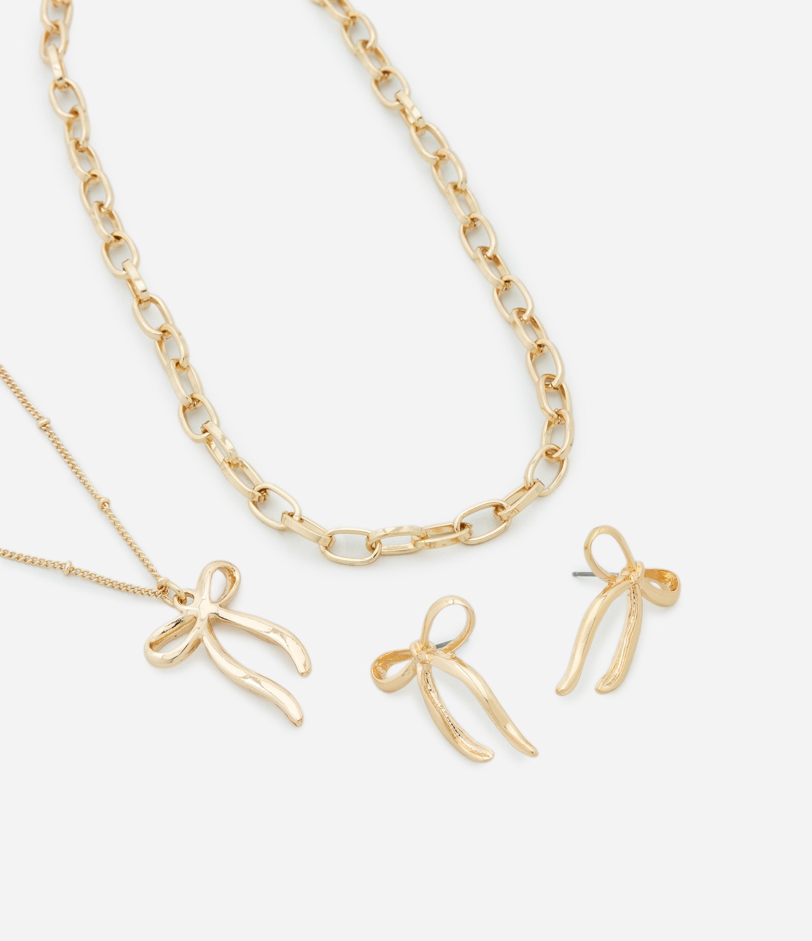 Conjunto de Colar e Brinco Metal Liso brinco laço e colar camadas 1 corrente elos e 1 de bolinhas com pingente laço AE_FW25_CJT_0029 Dourado 1