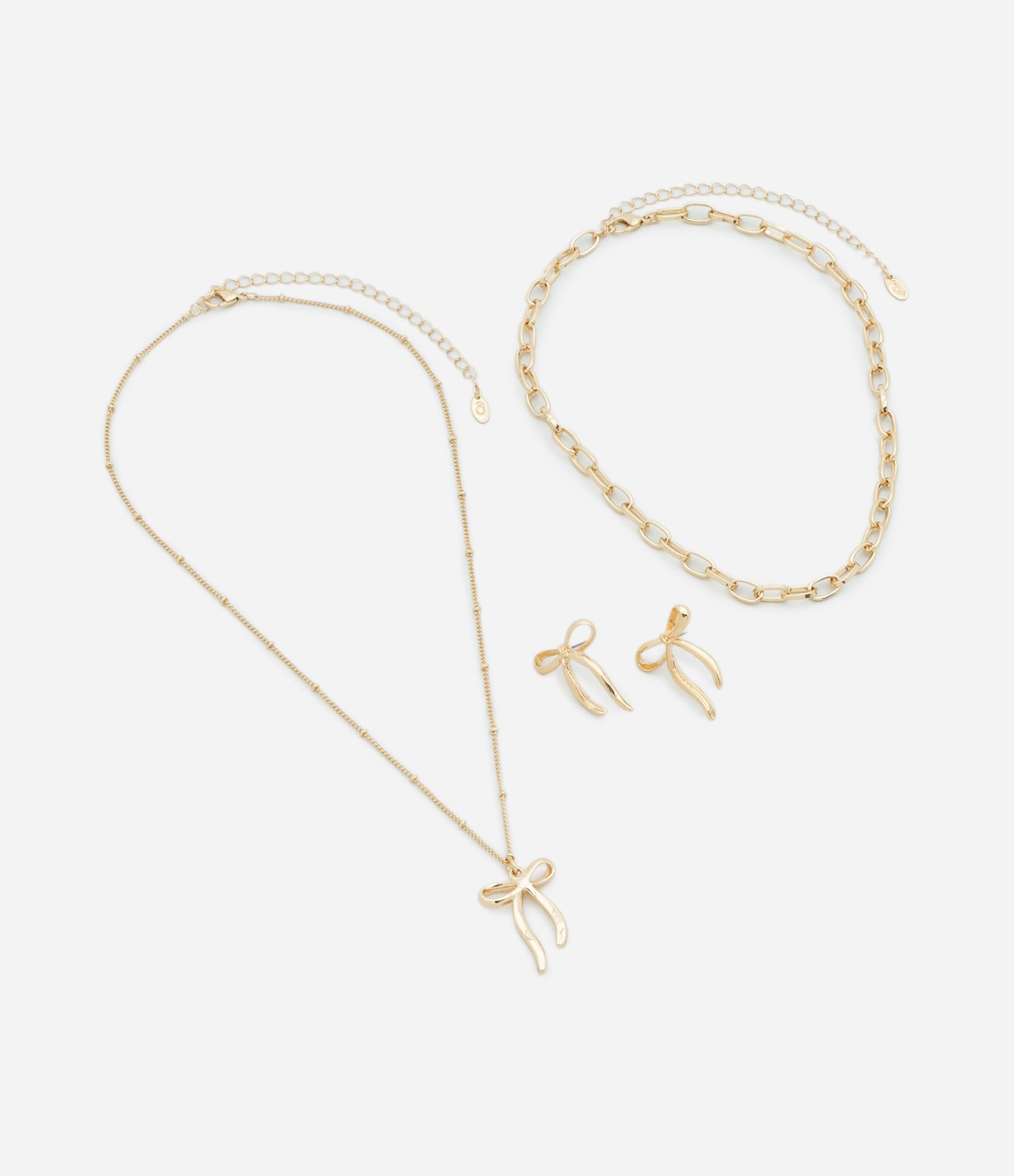 Conjunto de Colar e Brinco Metal Liso brinco laço e colar camadas 1 corrente elos e 1 de bolinhas com pingente laço AE_FW25_CJT_0029 Dourado 2