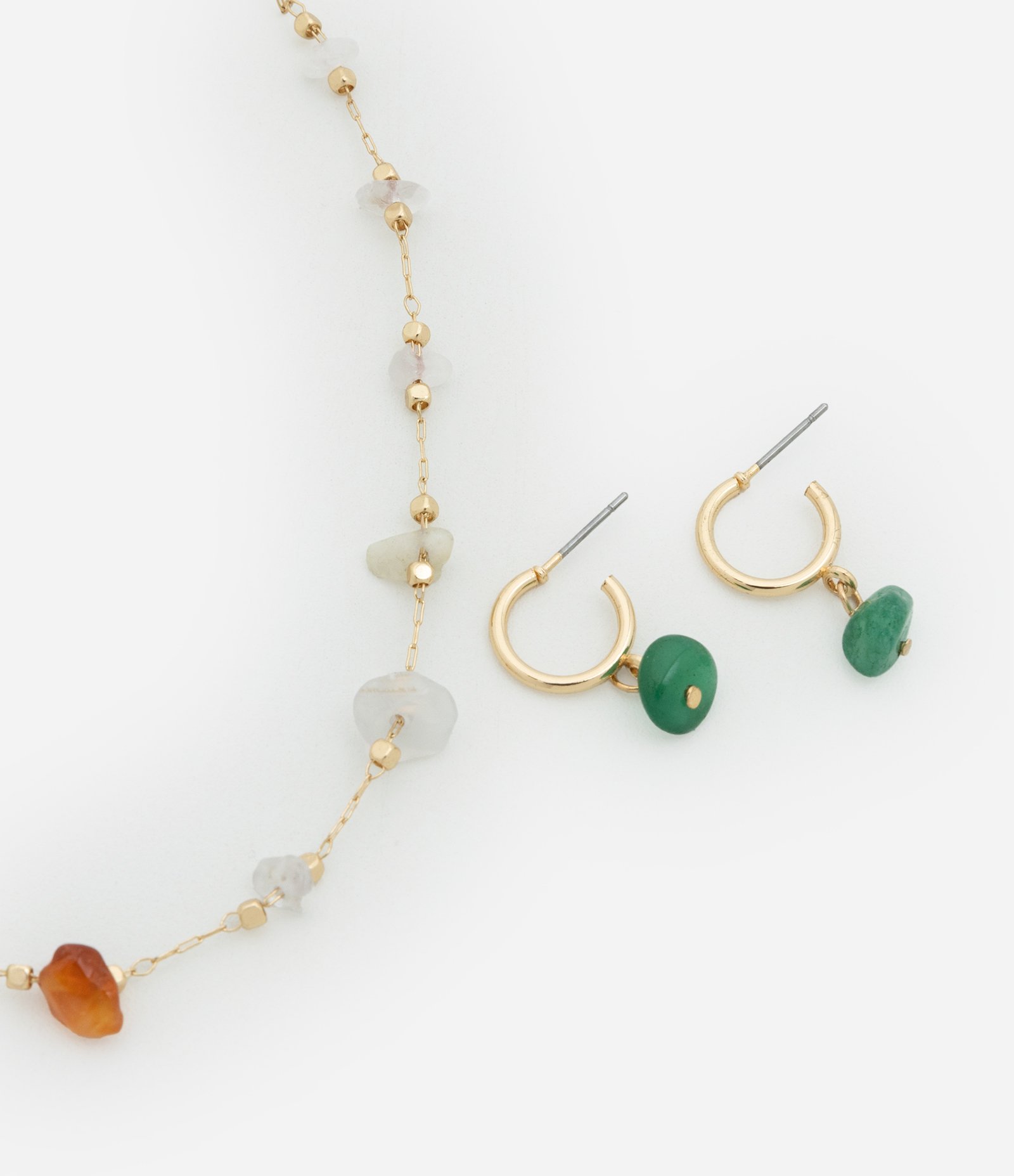 Conjunto de Brinco Argolinha e Colar Curto com Cascalhos Multicores 1