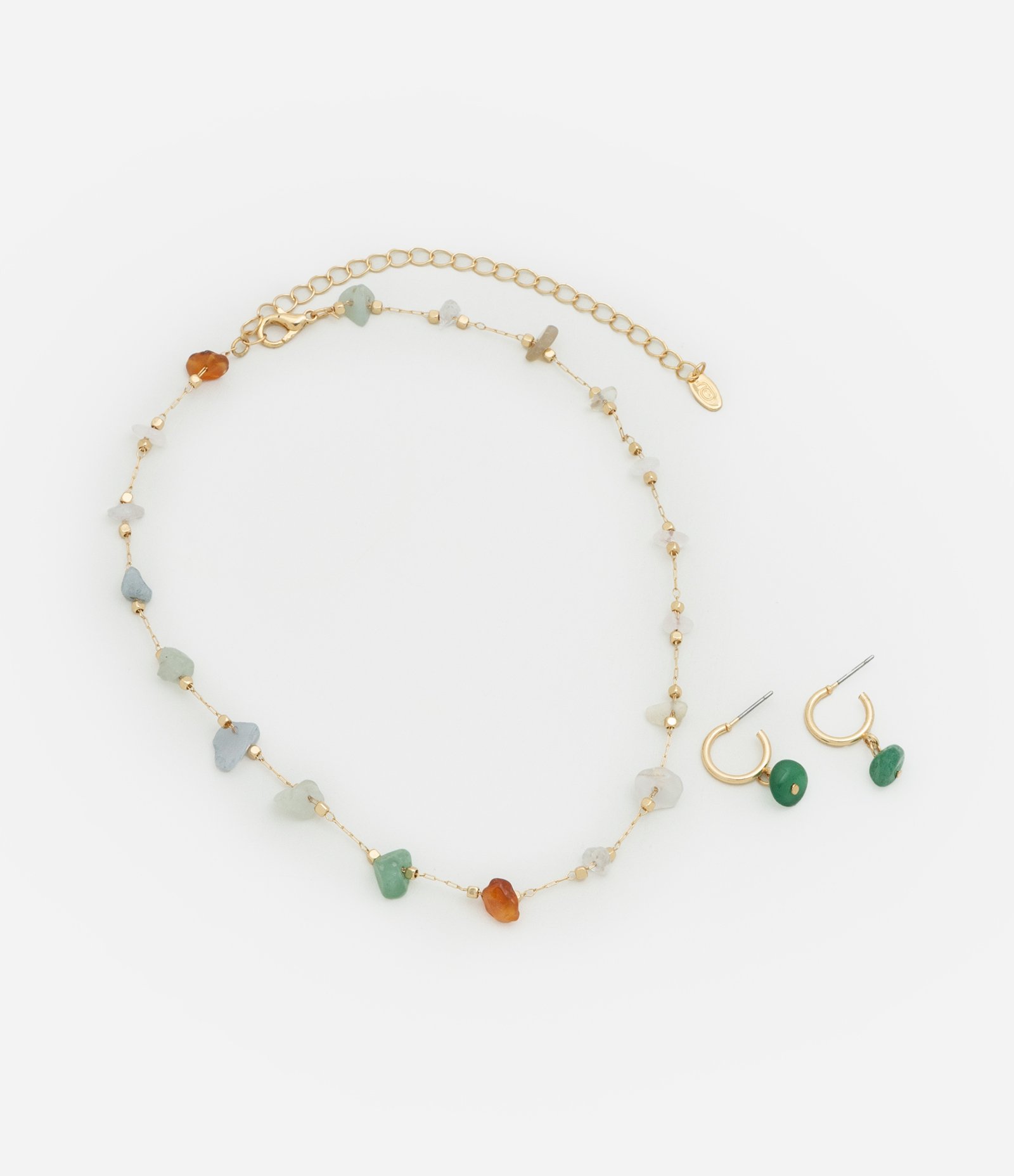 Conjunto de Brinco Argolinha e Colar Curto com Cascalhos Multicores 2
