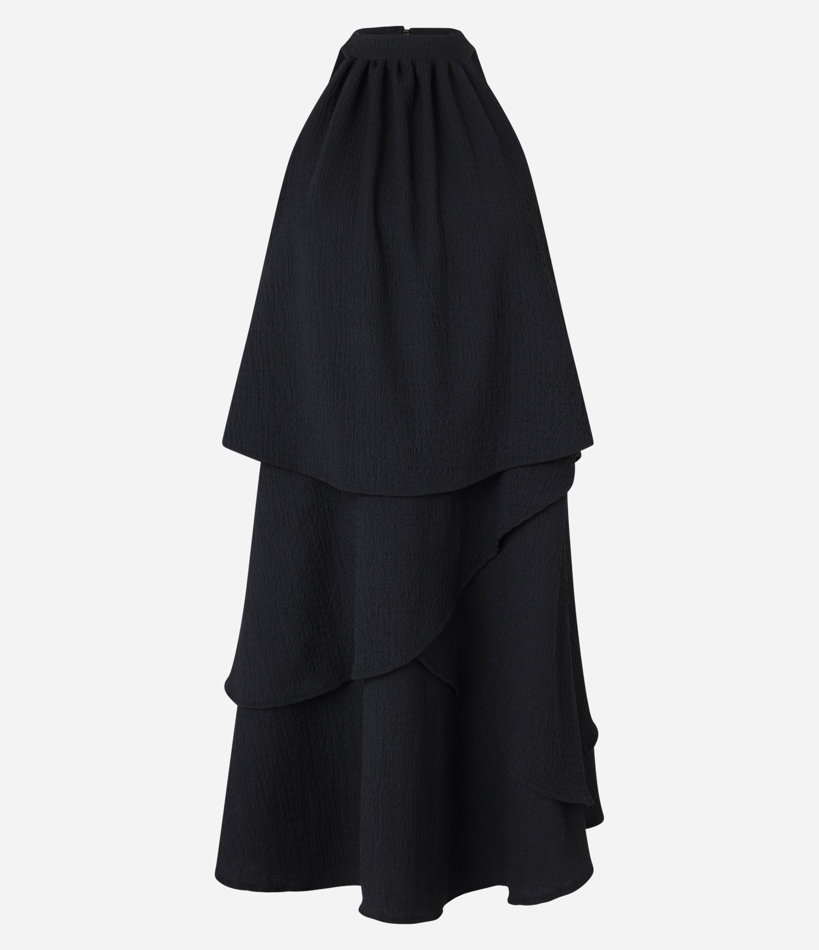 Vestido Sem Manga em Tecido com Decote Halter e Babados Preto 5