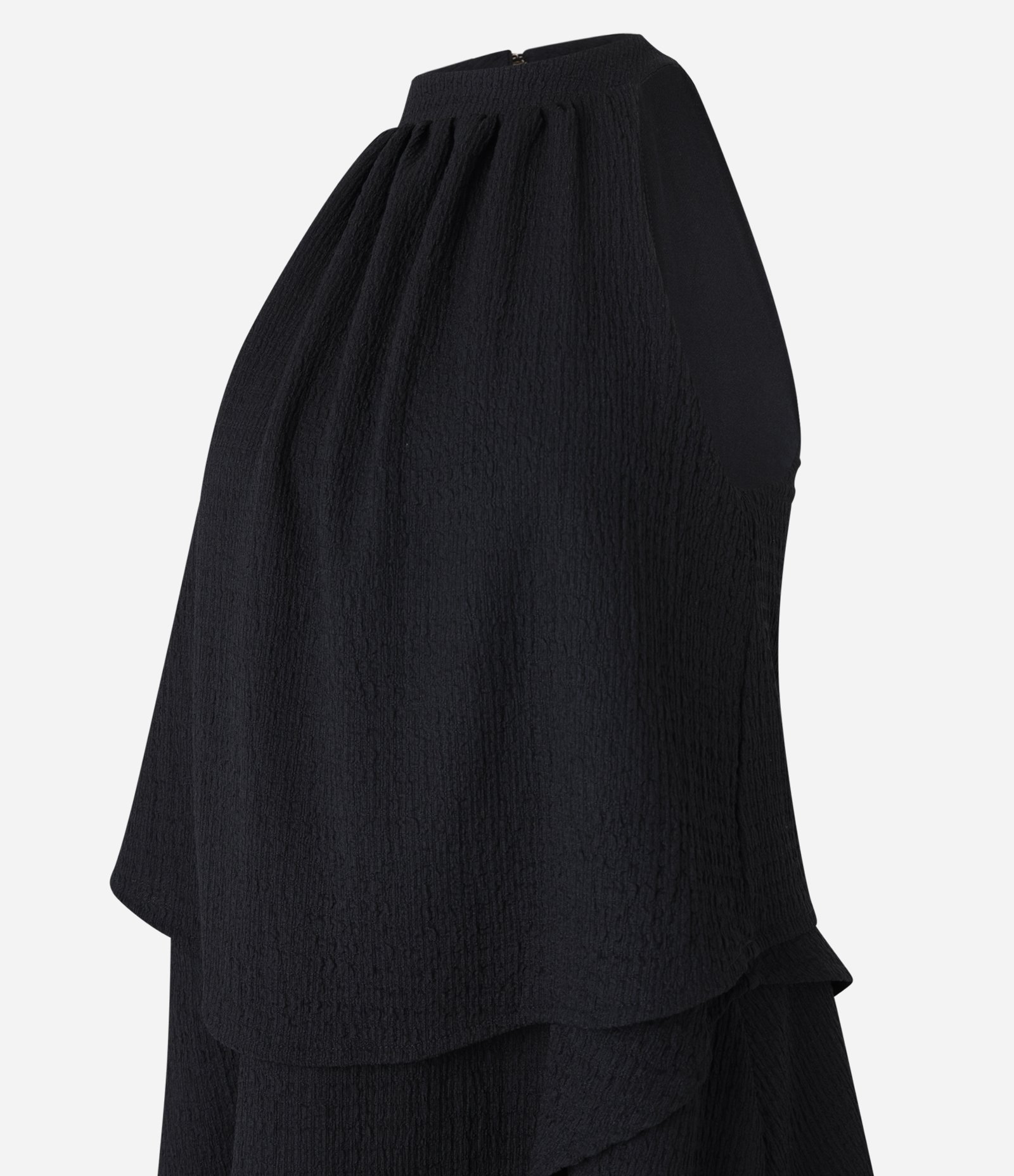 Vestido Sem Manga em Tecido com Decote Halter e Babados Preto 6