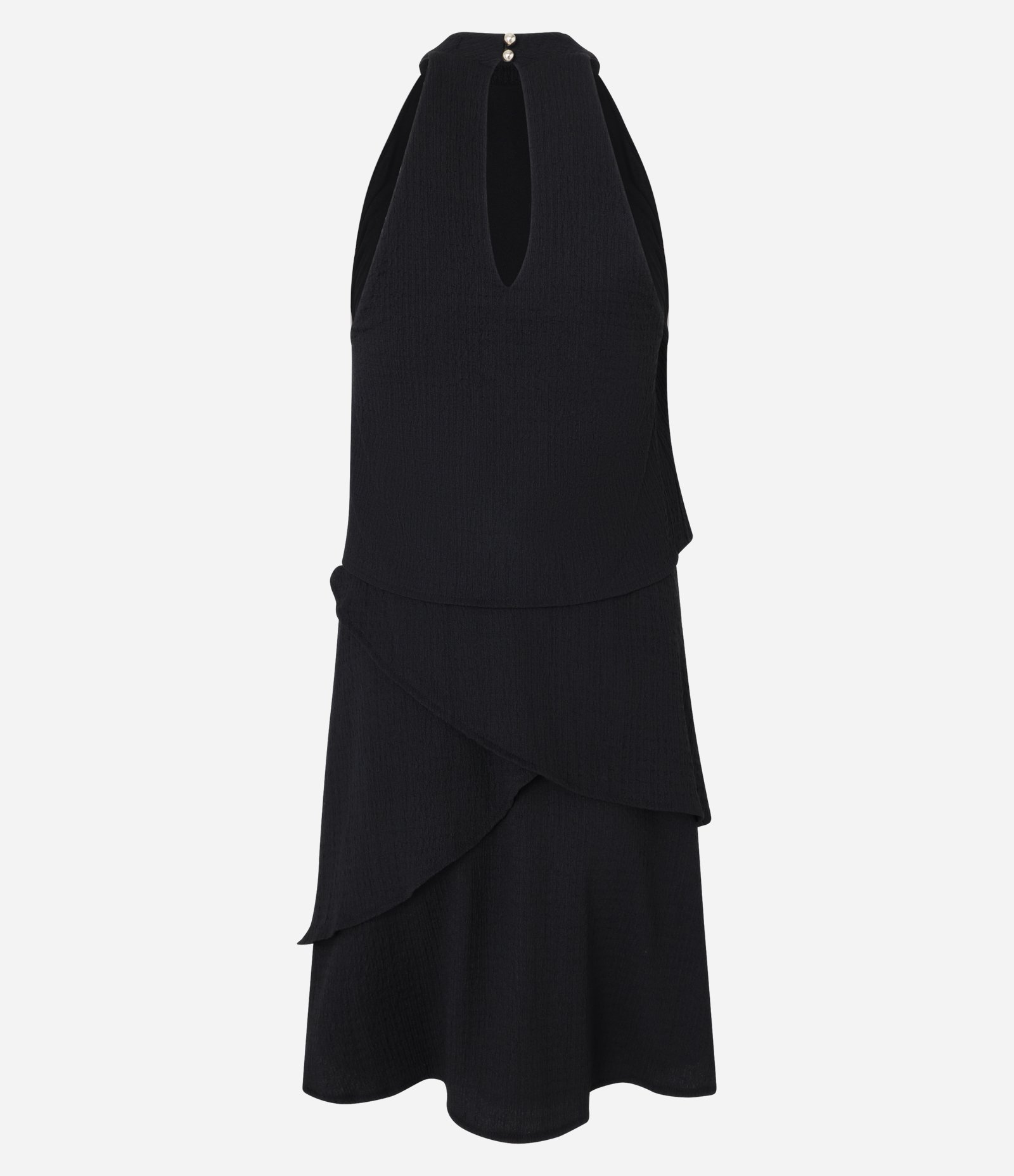 Vestido Sem Manga em Tecido com Decote Halter e Babados Preto 7