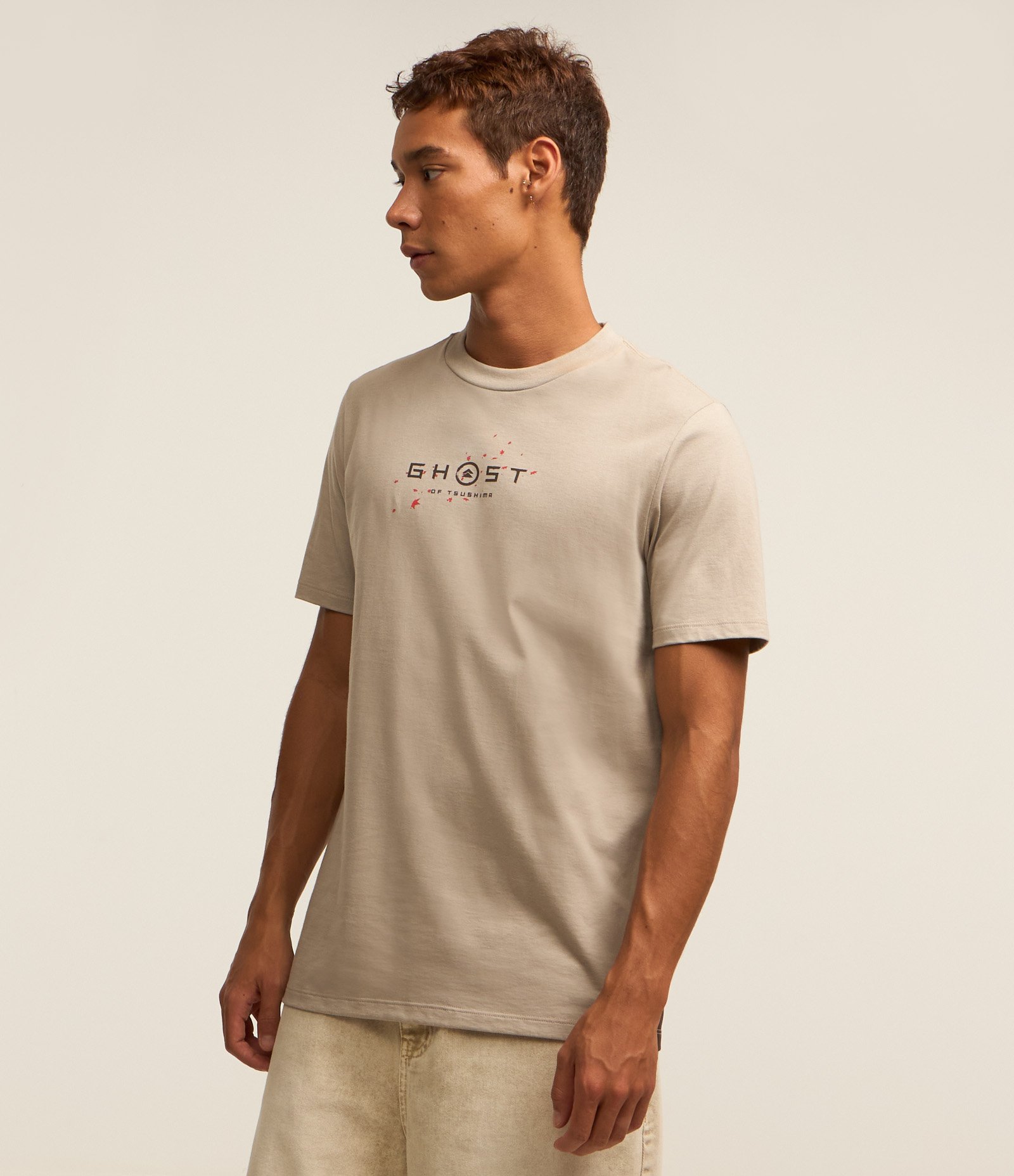 Camiseta Regular em Algodão com Estampa Ghost of Tsushima Cinza 3