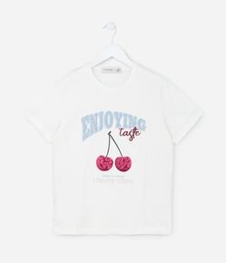 Camiseta Infantil com Bordado de Cerejas em Paetês - Tam 5 a 14 Anos
