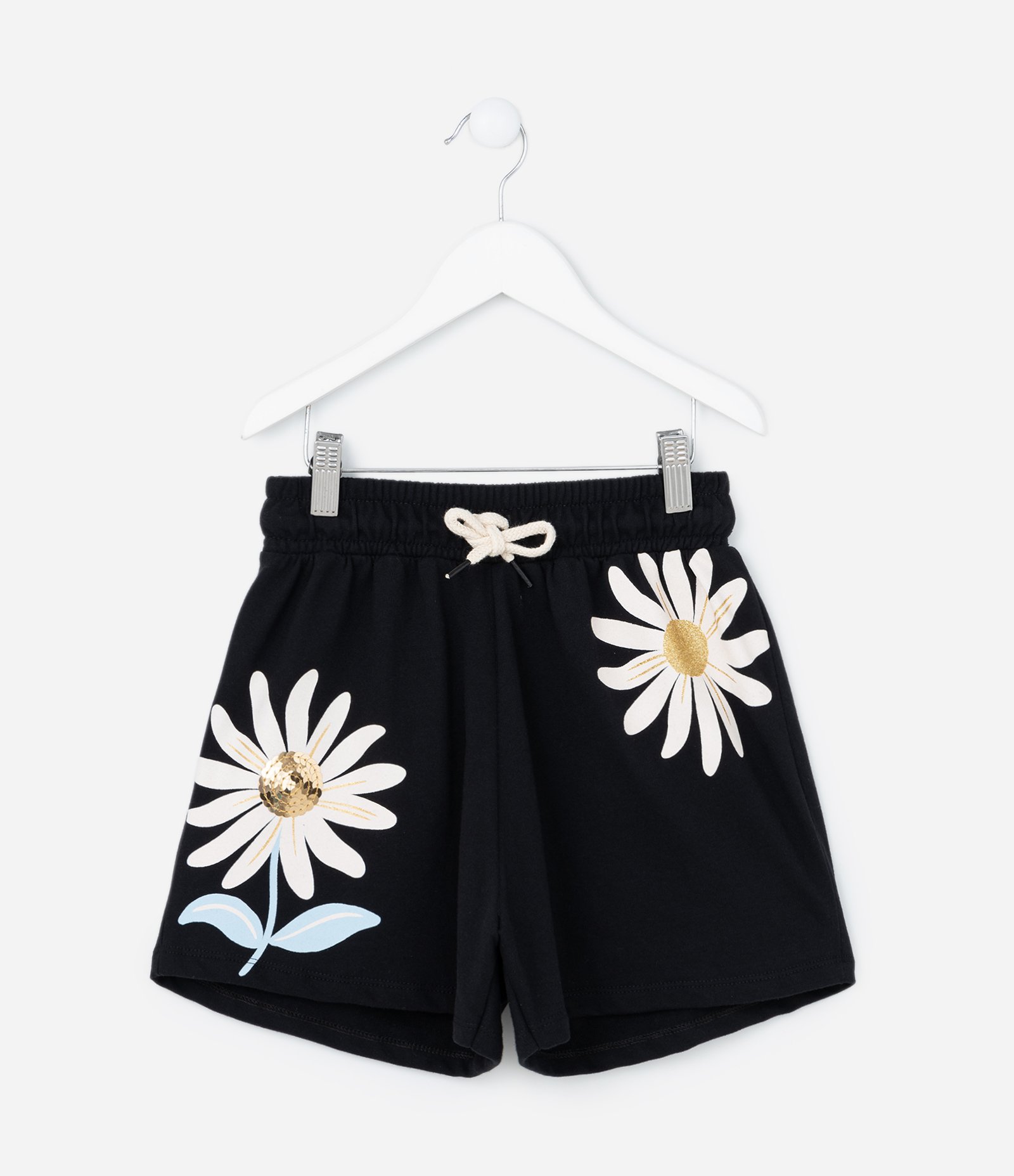Short Infantil Estampado de Flores e Detalhe de Paetê - Tam 5 a 14 anos Preto 1