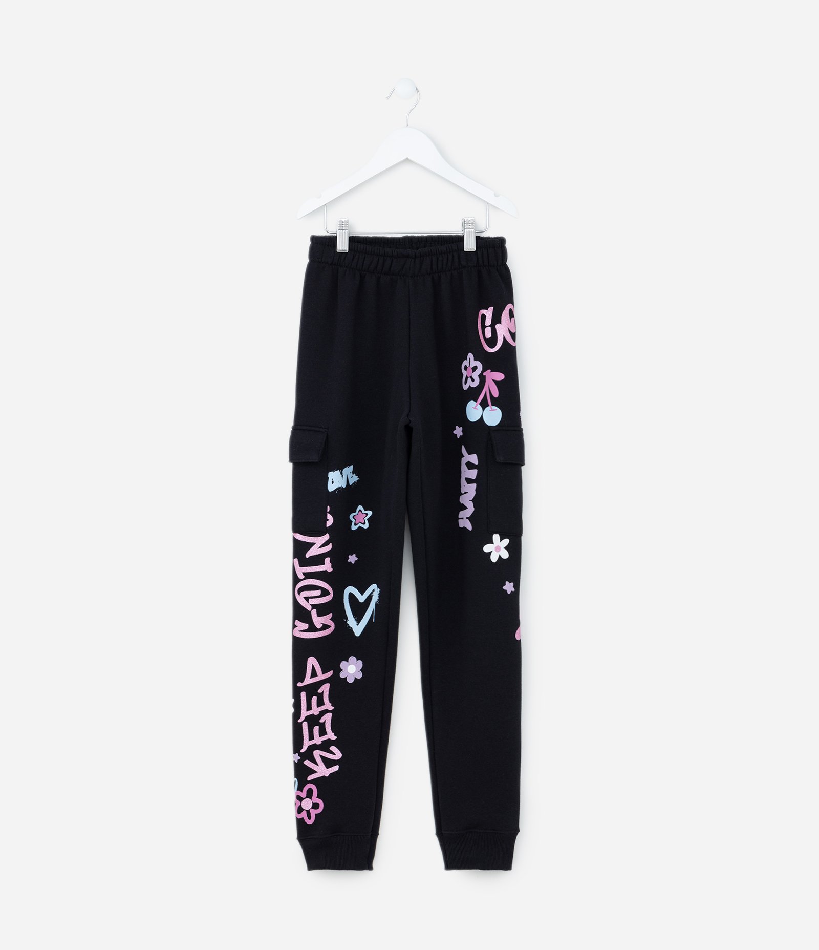 Calça Infantil com Bolso Cargo e Estampa Doodles - Tam 5 a 14 Anos Preto 1